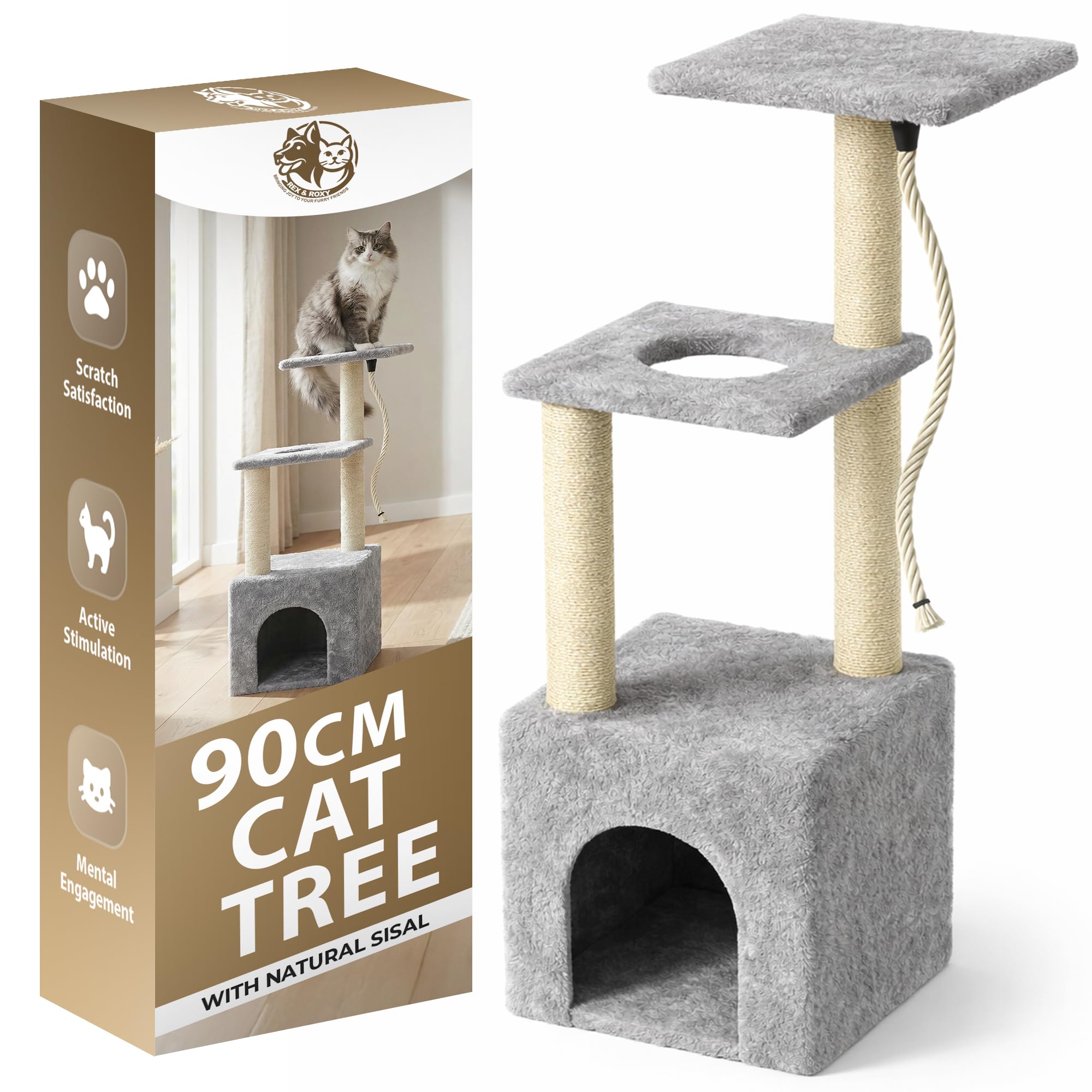 Rex & Roxy Cat Tree 90cm | Cat Scratching Post | Multi Level Tower for Cats | Trees For Indoor Cats with Playful Rope | Indoor Tree for Playing & Climbing | Scratch Friendly
