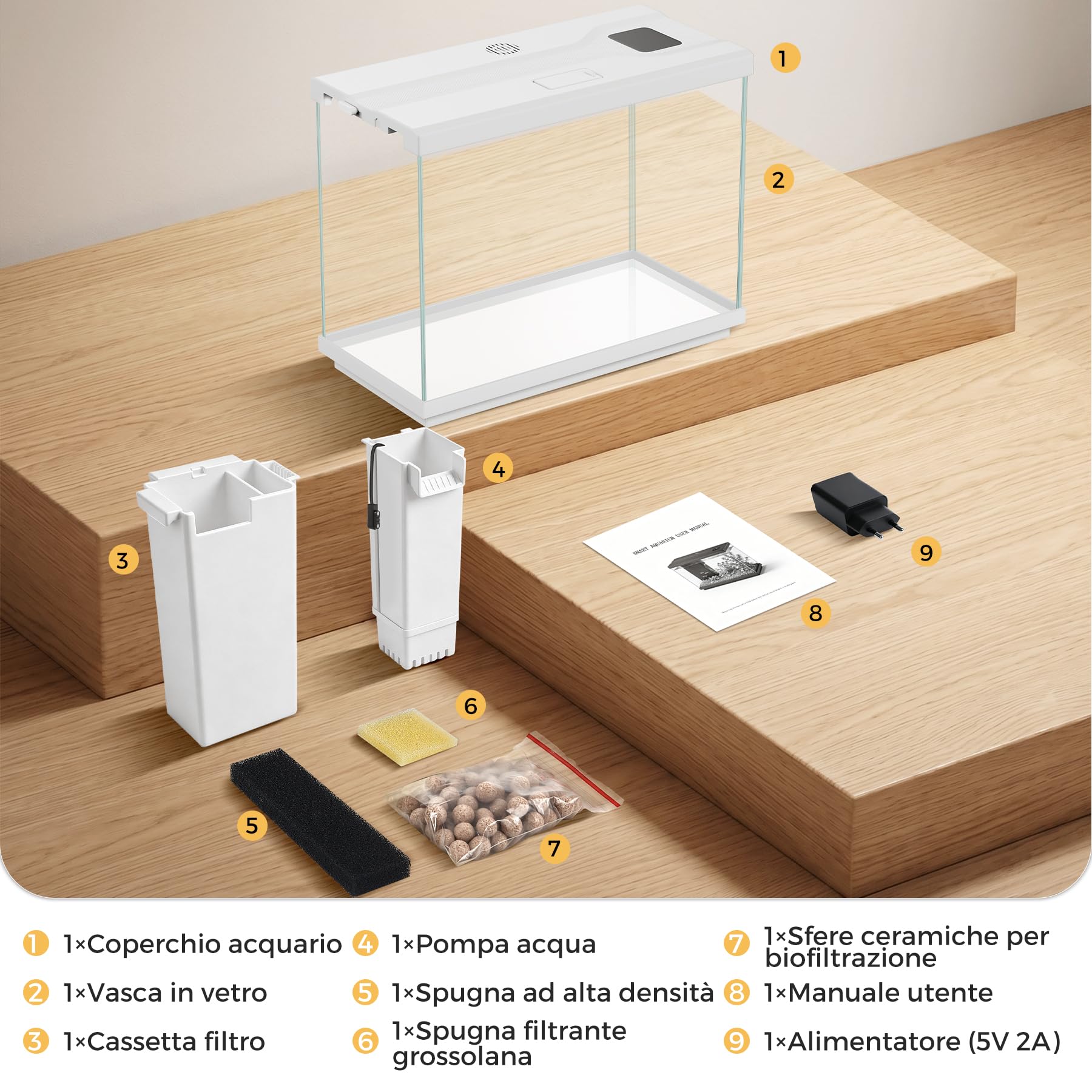 Acquario Completo 8,3 L, Acquario per Pesci Rossi Bianco | Filtro 4 in 1, pompa silenziosa, illuminazione LED a 8 colori, ventilatore, display temperatura, ideale per casa e ufficio