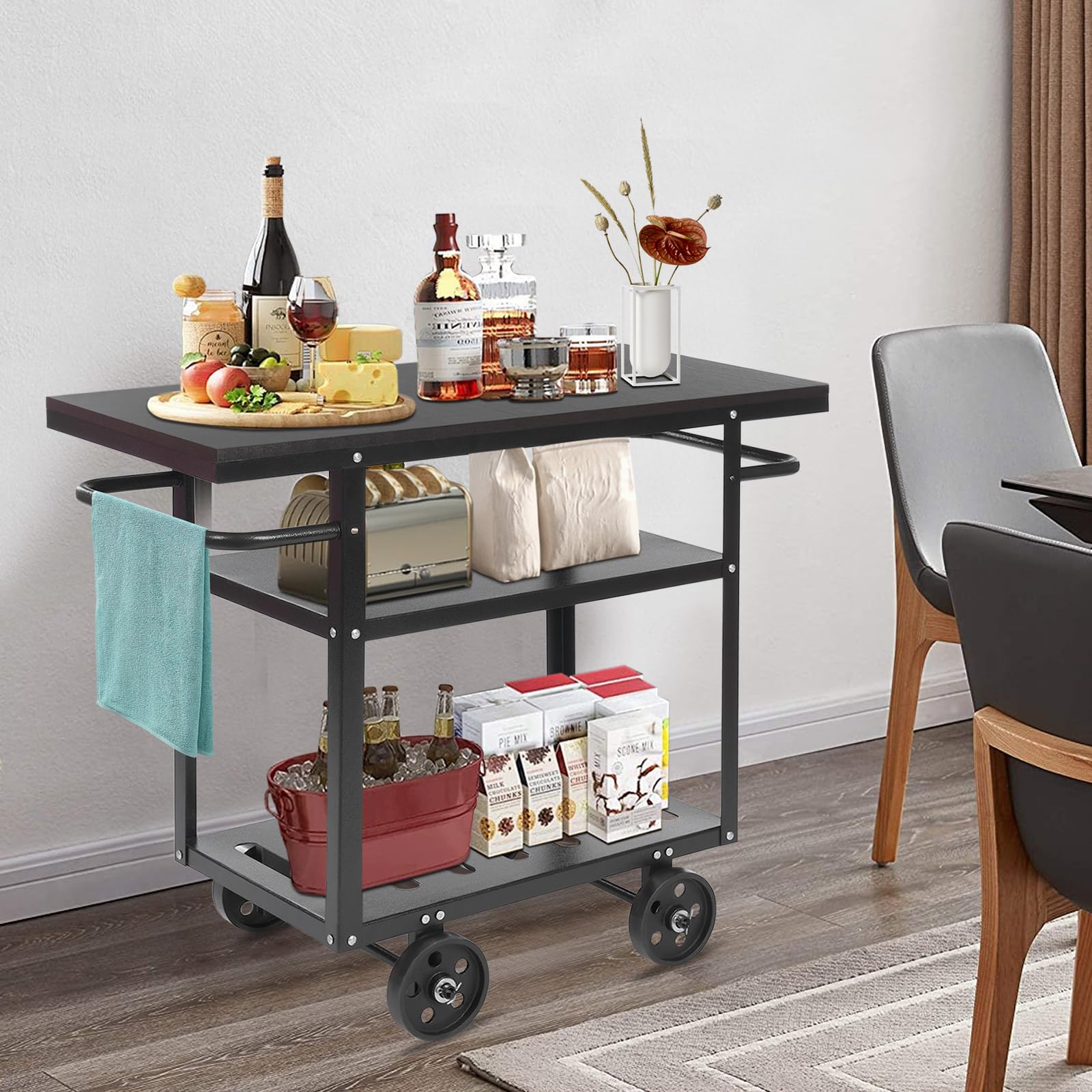 Carrello da servizio con ruote in acciaio al carbonio, carrello da cucina a 3 ripiani, 92 x 40 x 78 cm, carrello da portata fino a 60 kg, per sala da pranzo, ristoranti (nero)