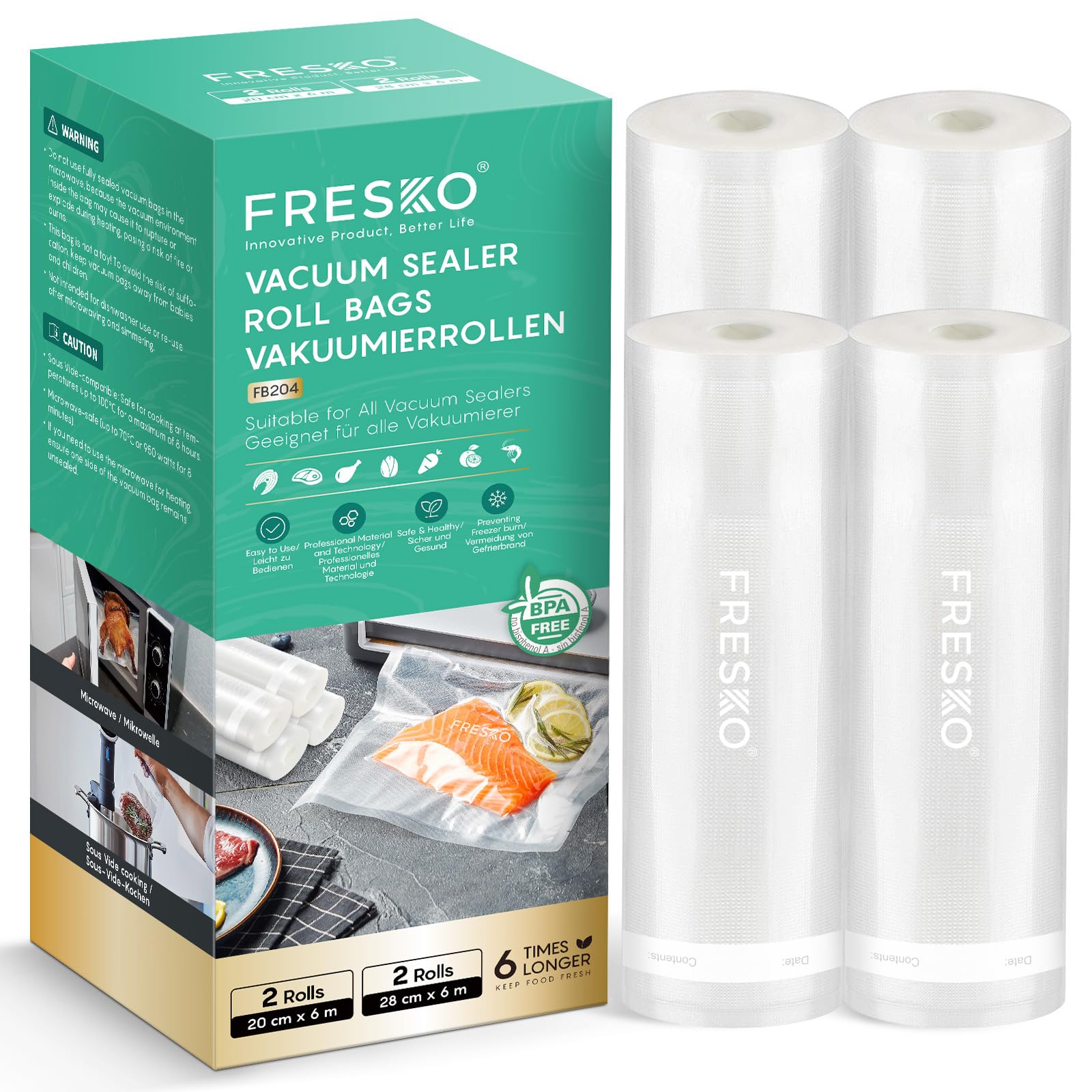 FRESKO Vakuumrollen 2 Rollen 28 x 600cm+2 Rollen 20 x 600cm, Professionelle Vakuumierbeutel Folienbeutel, Größe für alle Vakuumiergeräte, BPA-frei, Geprägte Luftrillen, Sous-Vide-Gefrierbeutel