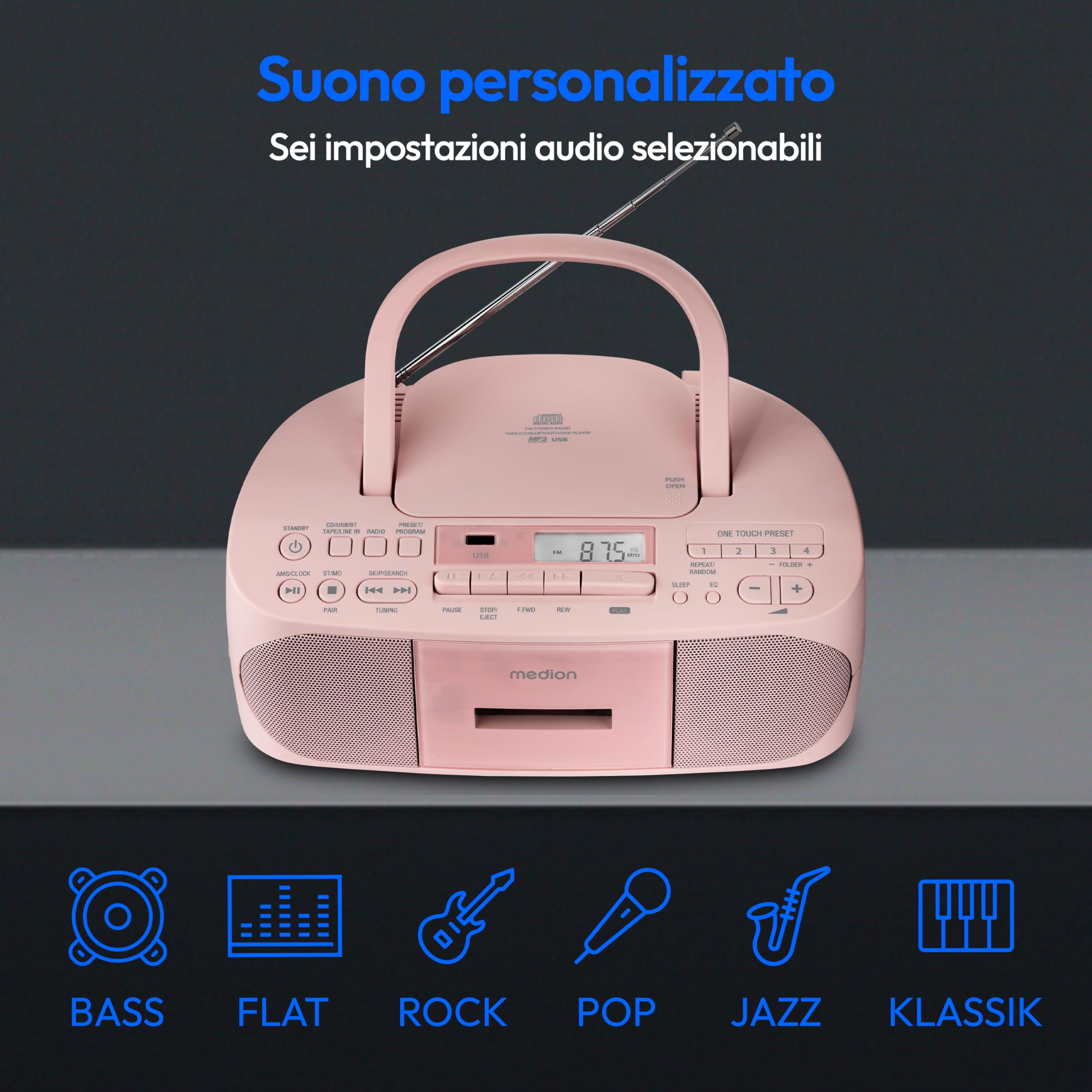 MEDION E65010 Radio Stereo (Lettore CD, Cassette, connessione USB, Ingresso Audio AUX, Riproduzione MP3. Radio FM PLL, Memoria 40 stazioni, Funzionamento a Batteria, Telecomando) Rosa