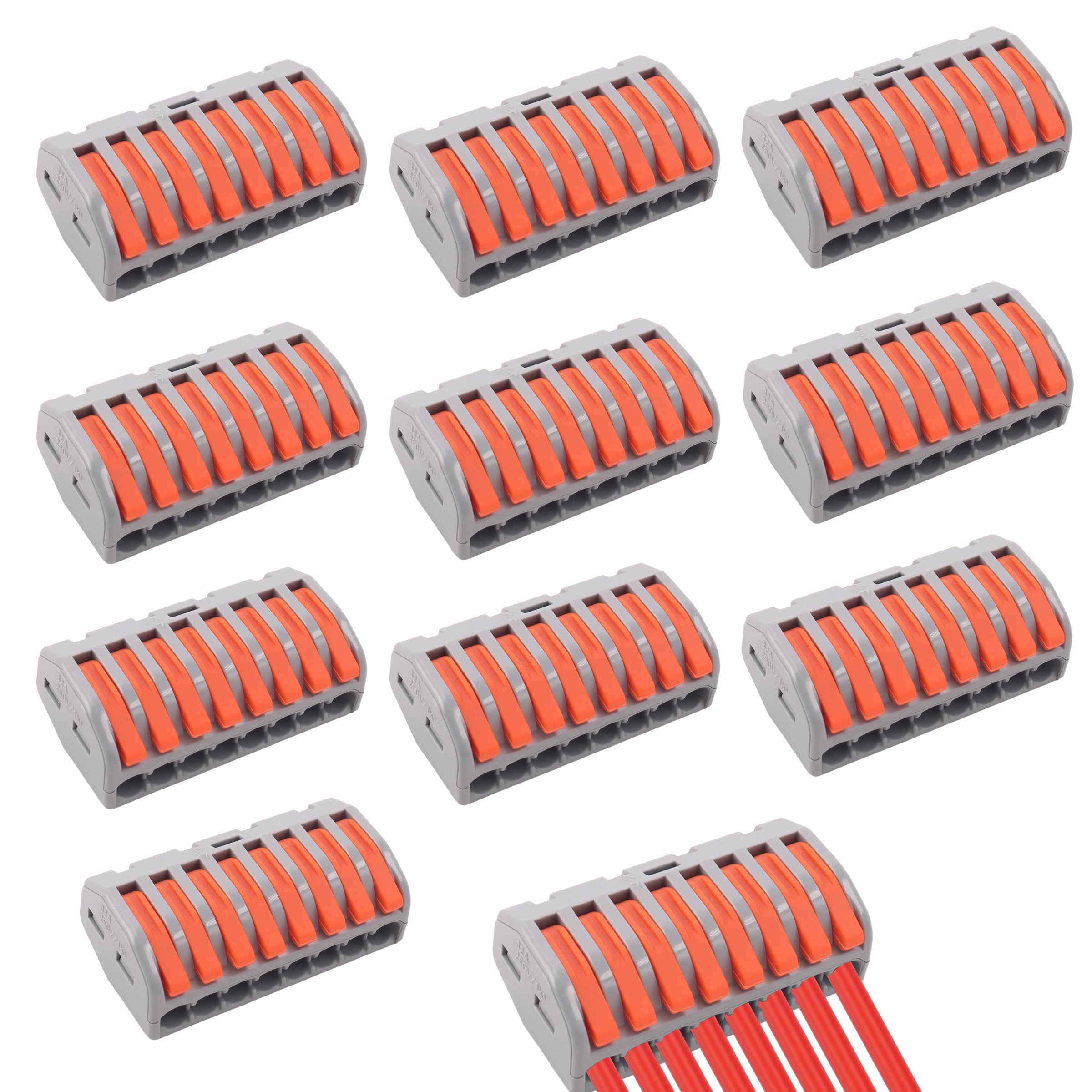 Elecbee 10Pcs PCT-218 Lever-Nut Wire Connectors, 250V 32A 8 Ports Conductor Compact Wire Cable Connectors for up to 4 mm², Splicing Type Quick Conductors Cable Clamp Terminal Block Spring Connector