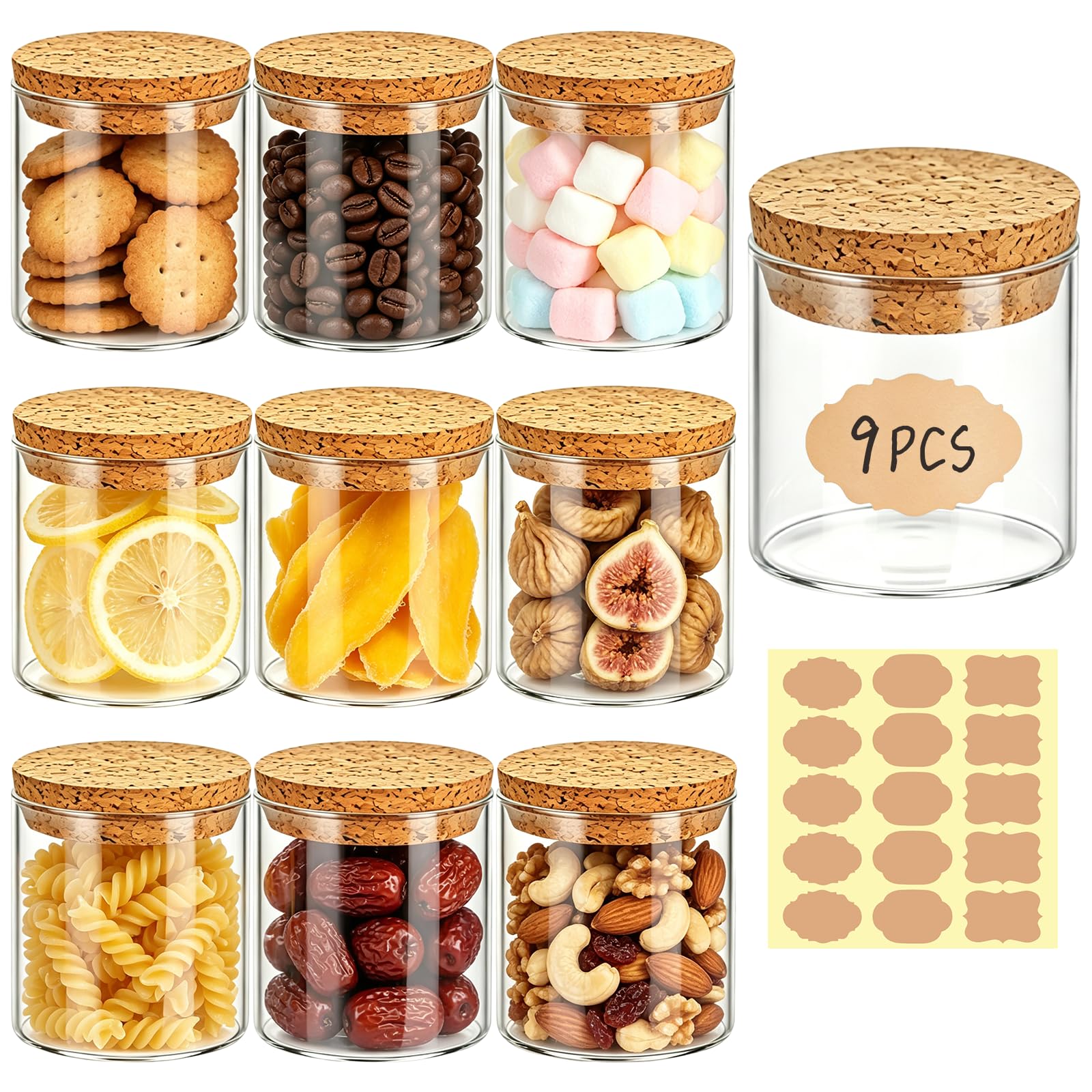 Dotilili 9 Pack 160ml Small Glass Jars with Cork Lids, Clear Food Storage Jars Set with Sticker Labels, Borosilicate Glass Kitchen Canister Container for Coffee Herb Tea Sugar Salt Spice Seasoning