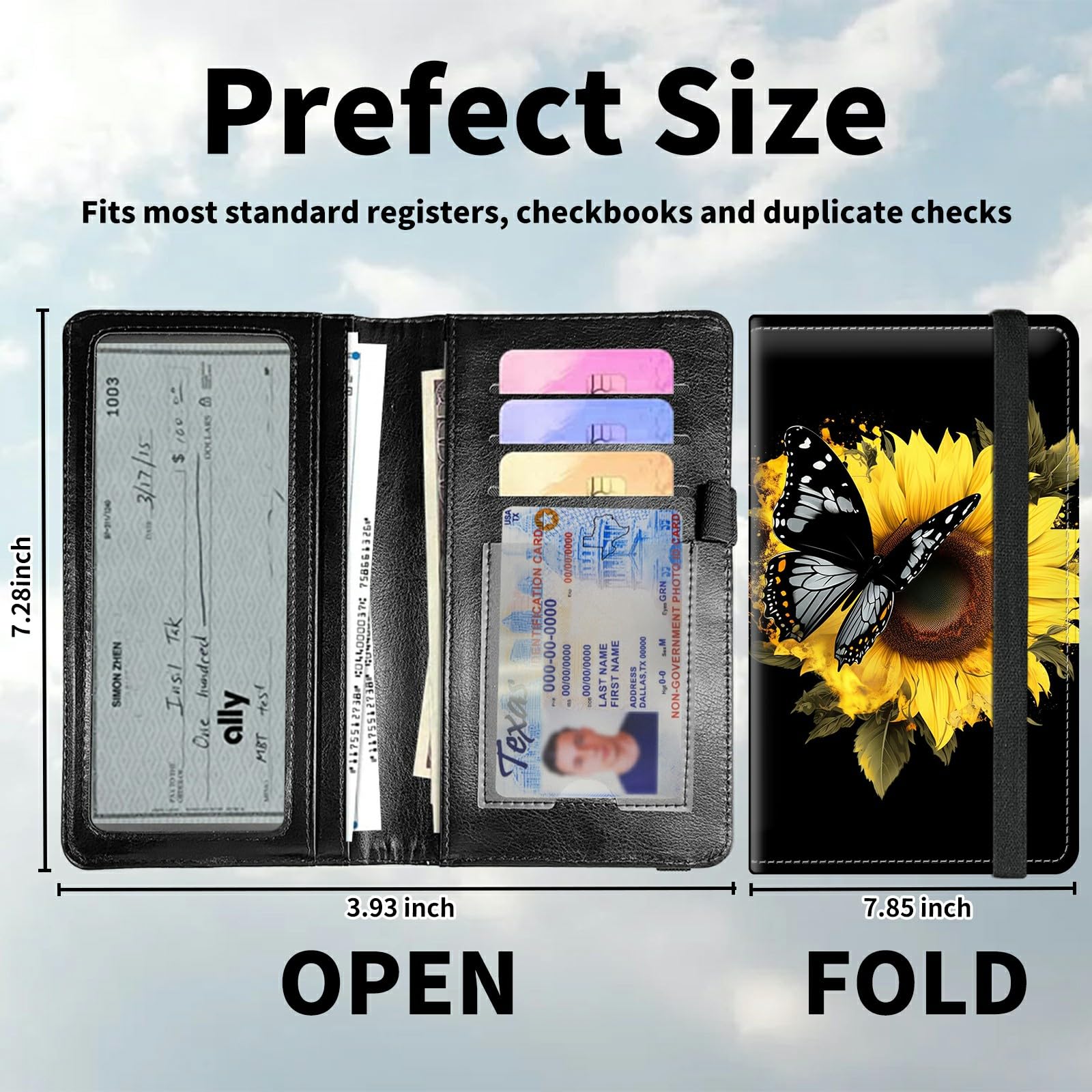 DIGTIALL Checkbook Cover for Men & Women – Premium PU Leather Checkbook Holder with RFID Blocking & Elastic Strap,Sunflower Heart Butterfly