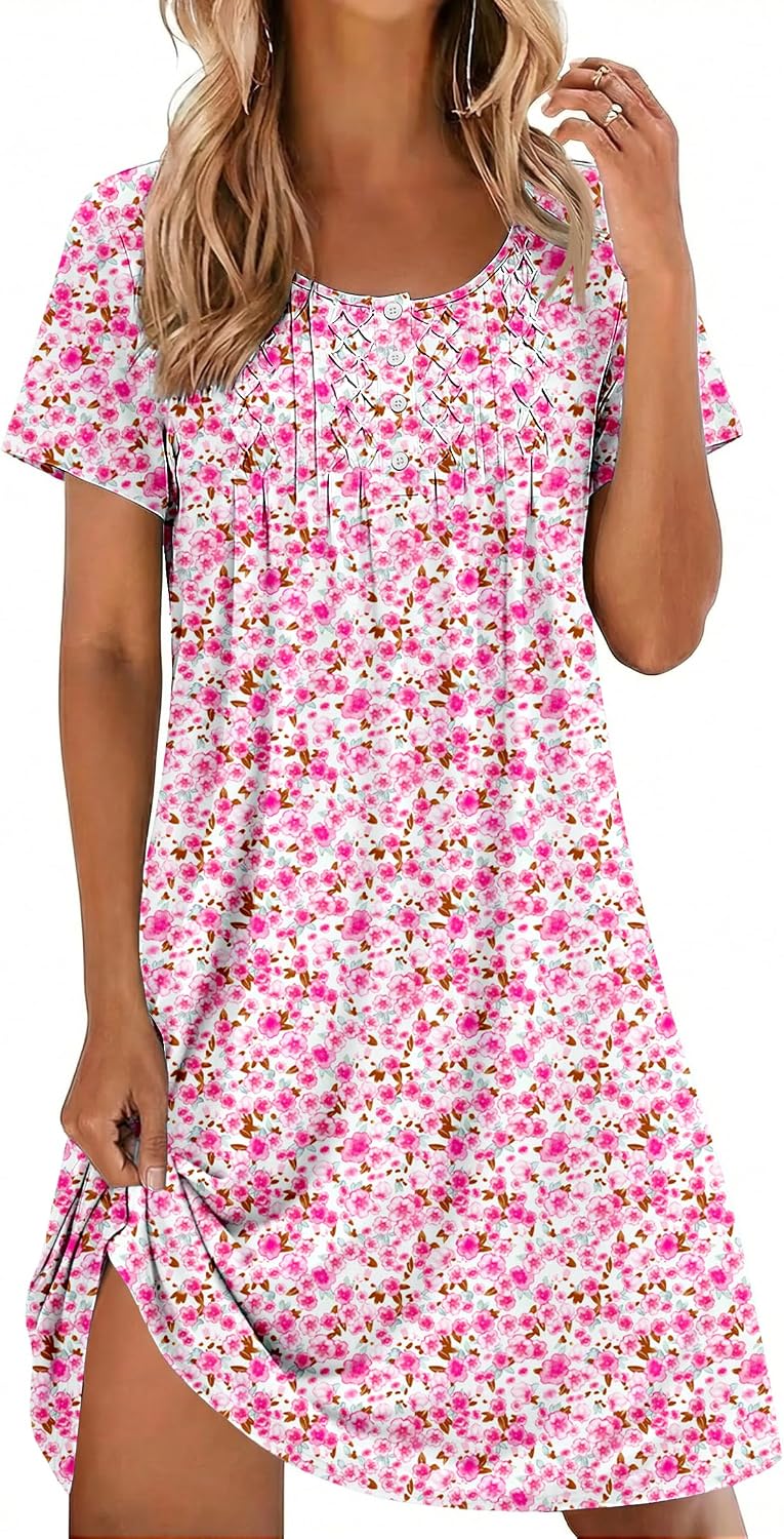 Ekouaer Cotton Nightgowns for Women Short Sleeve House Dress Pleated Night Gown Button Sleep Shirt Ladies Nightdress