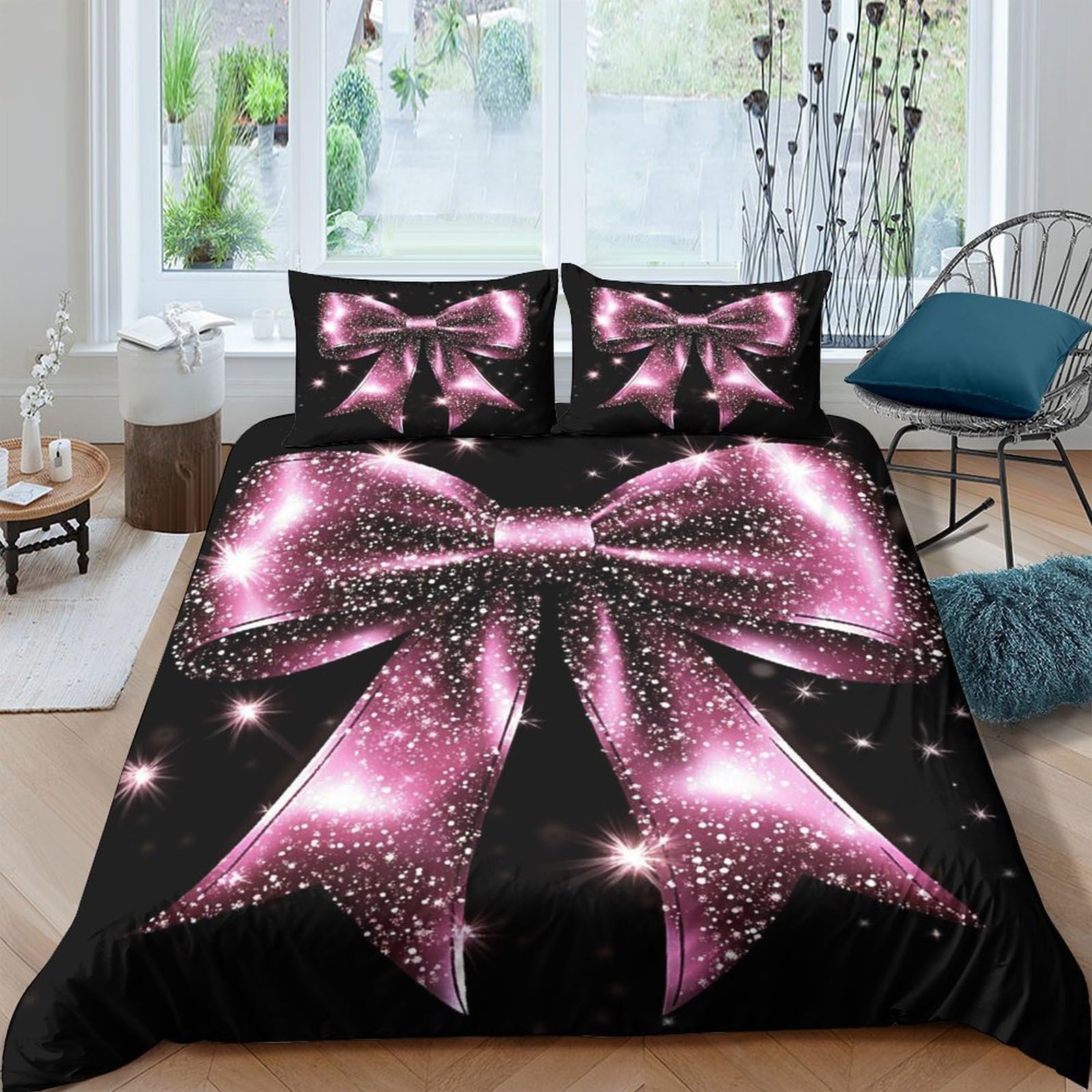 Ctjqhvkz Style-1 3D Printed Glitter Pink Bow Fitted Sheet Microfiber Black Sparkle Bed Cover For Bedroom Guest Room Decor Single（135X200cm）