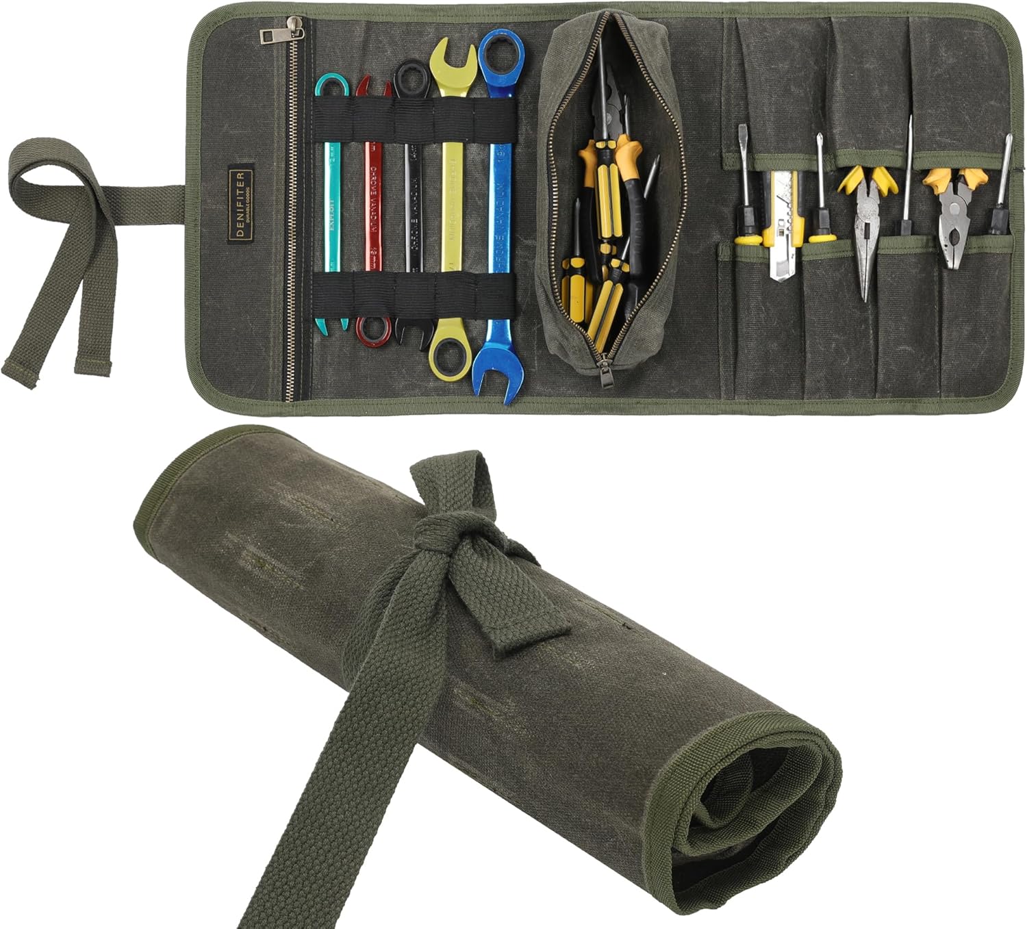 Waxed Canvas Multi-Purpose Waterpoof Tool Organizer Bags, Portable Carry On Pouch with 1 Small Detachable Tool pouch and 1 Zipper Pockets, 23.5" X 10.5"|ArmyGreen