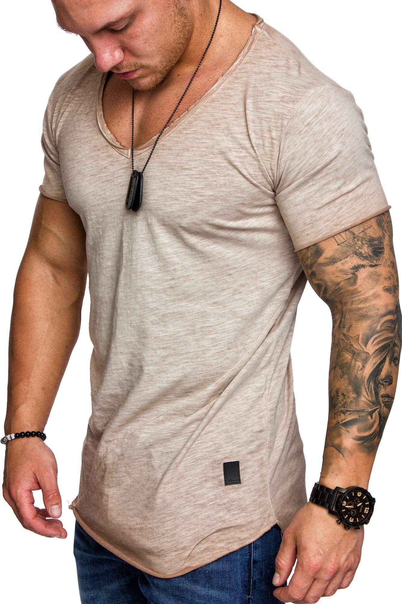 Amaci&Sons Oversize Herren Vintage T-Shirt Verwaschen V-Neck Basic V-Ausschnitt Shirt 6034 Beige XL