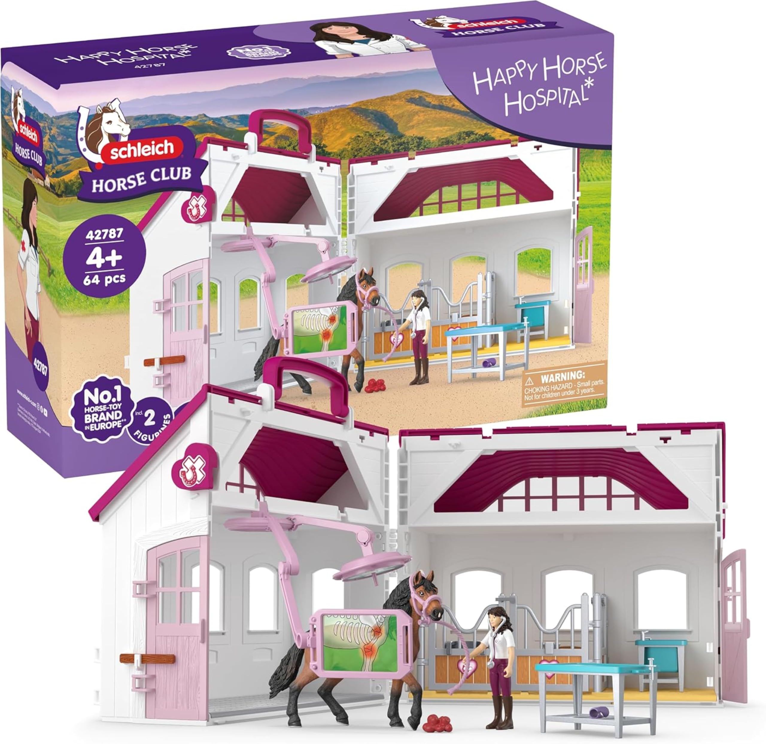 schleich HORSE CLUB | Klinika dla koni „Zdrowe kopyta” 42787 | Zestaw z boksem, rentgenem, ruchomą weterynarką i akcesoriami | Zabawka i prezent dla dzieci od 4 lat | 64 elementy