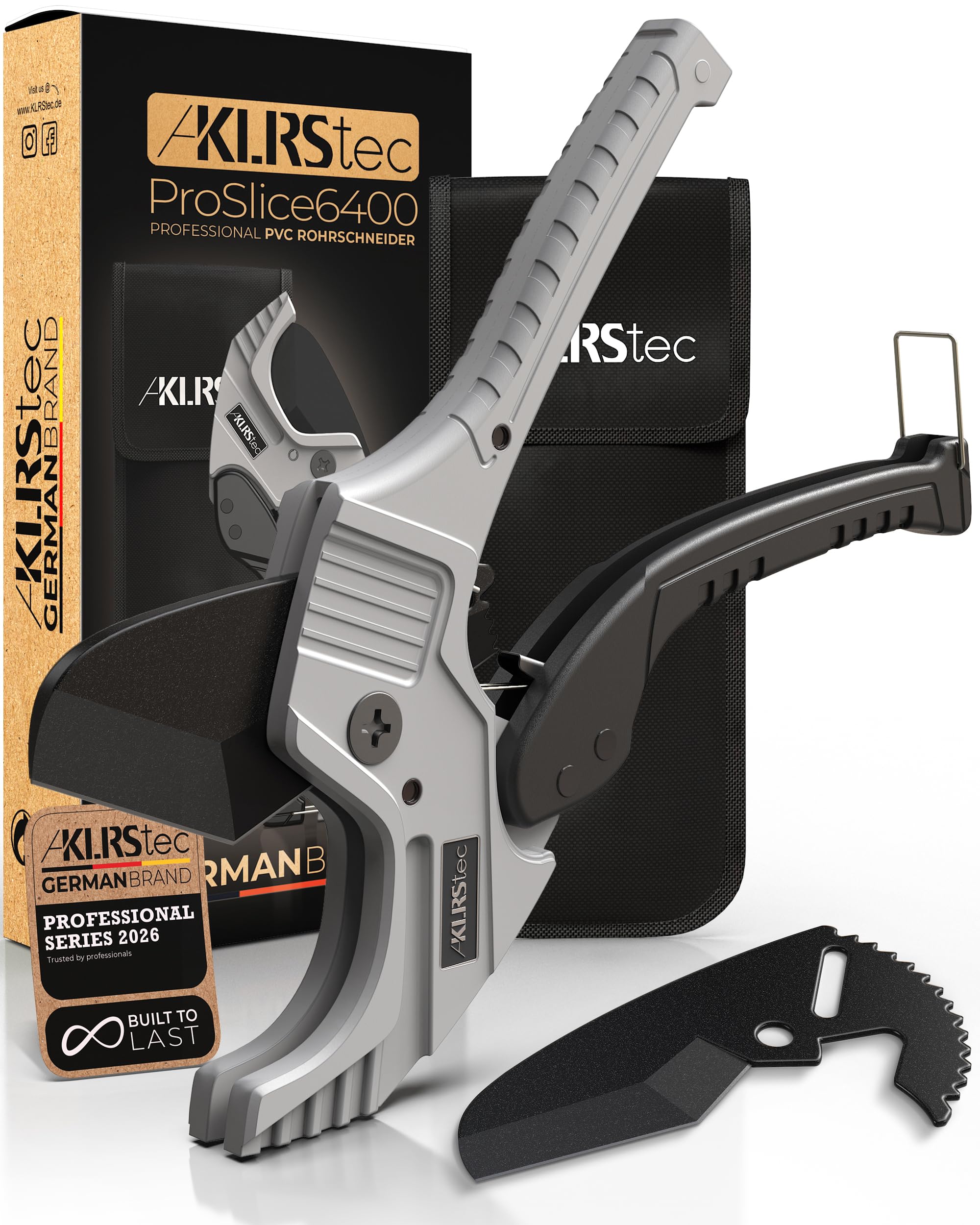 KLRStec ProSlice 6400 Professional PVC Pipe Cutter Set (64mm / 2-1/2") Professional Ratchet Pipe Cutter for PVC, PE, PP & Plastic Pipes – Includes Spare Blade and Nylon Belt Holster