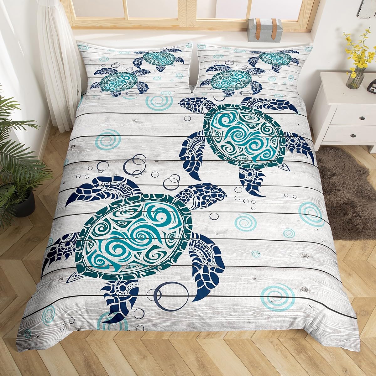 Sea Turtle Kids Duvet Cover Set King Size, Marine Animals Theme Bedding Set for Boys Girls Bedroom Decor, Rustic Grey Wooden Plank Comforter Cover, Soft Polyester Quilt Cover, 2 Pillowcases