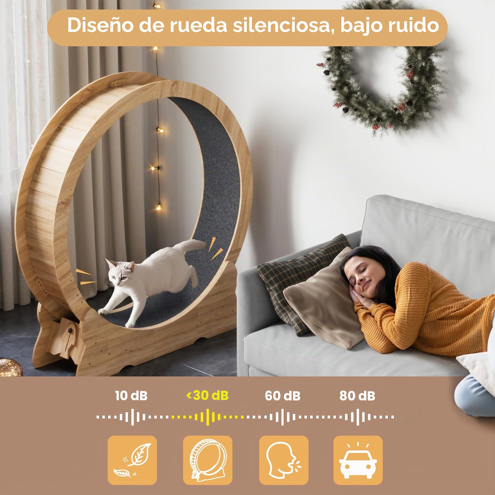 Mondeer Rueda para gatos, ejercicio para gatos de interior con pista alfombrada, cinta de correr XL de 43.3 pulgadas con alfombra extraíble, para correr y caminar (madera natural)