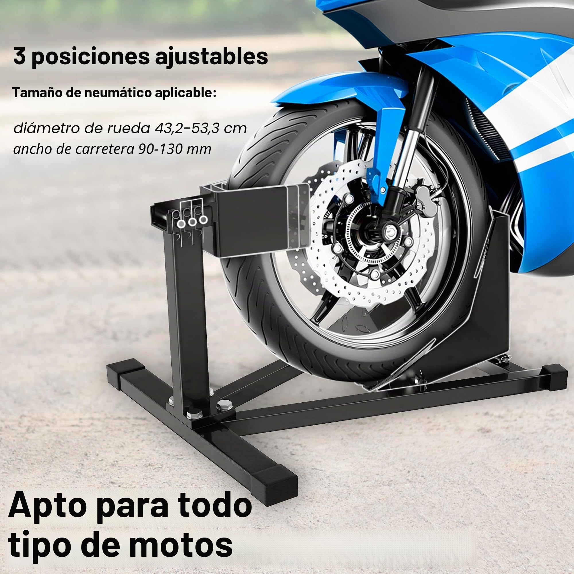 UISEBRT Soporte de acero para rueda delantera de motocicleta – Soporte de montaje para neumáticos de 17"- 21" tamaño y 90-130 mm de ancho - con pies de goma antideslizantes, dimensiones: 620 x 460 x
