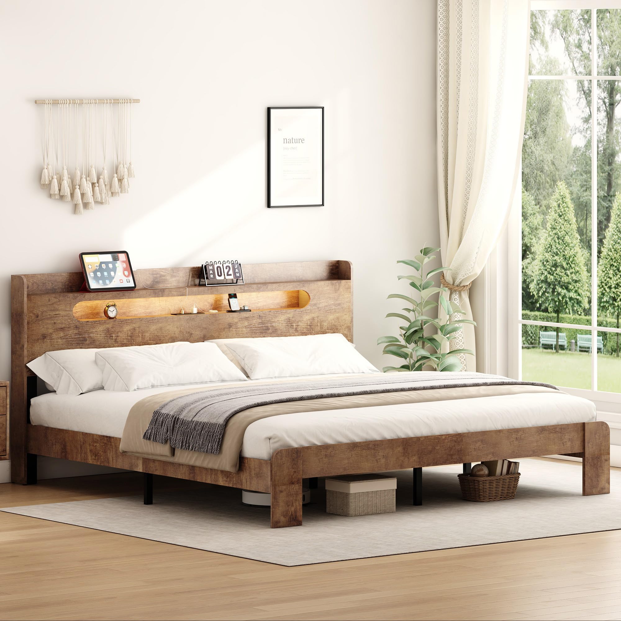 Decoholic King Size Wooden Bed Frame, Storage Headboard with Charging Station & Led Lights, Solid and Stable, Noise Free,Rustic Farmhouse Sturdy