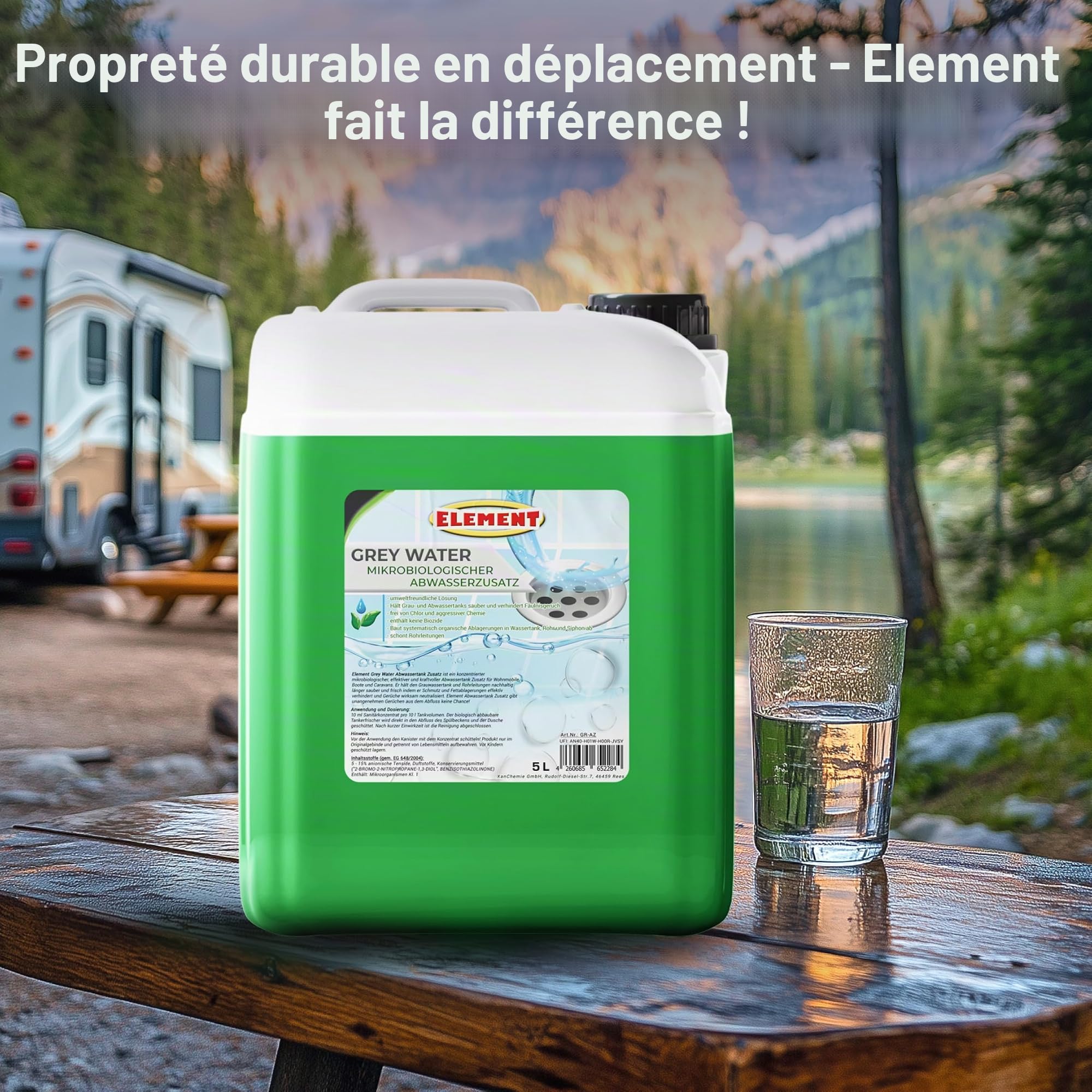 Additif pour réservoir d'eau grise pour camping-car - 5 litres - Concentré - Additif microbiologique pour réservoir d'eau grise - Nettoyant contre les odeurs désagréables - Additif pour réservoir