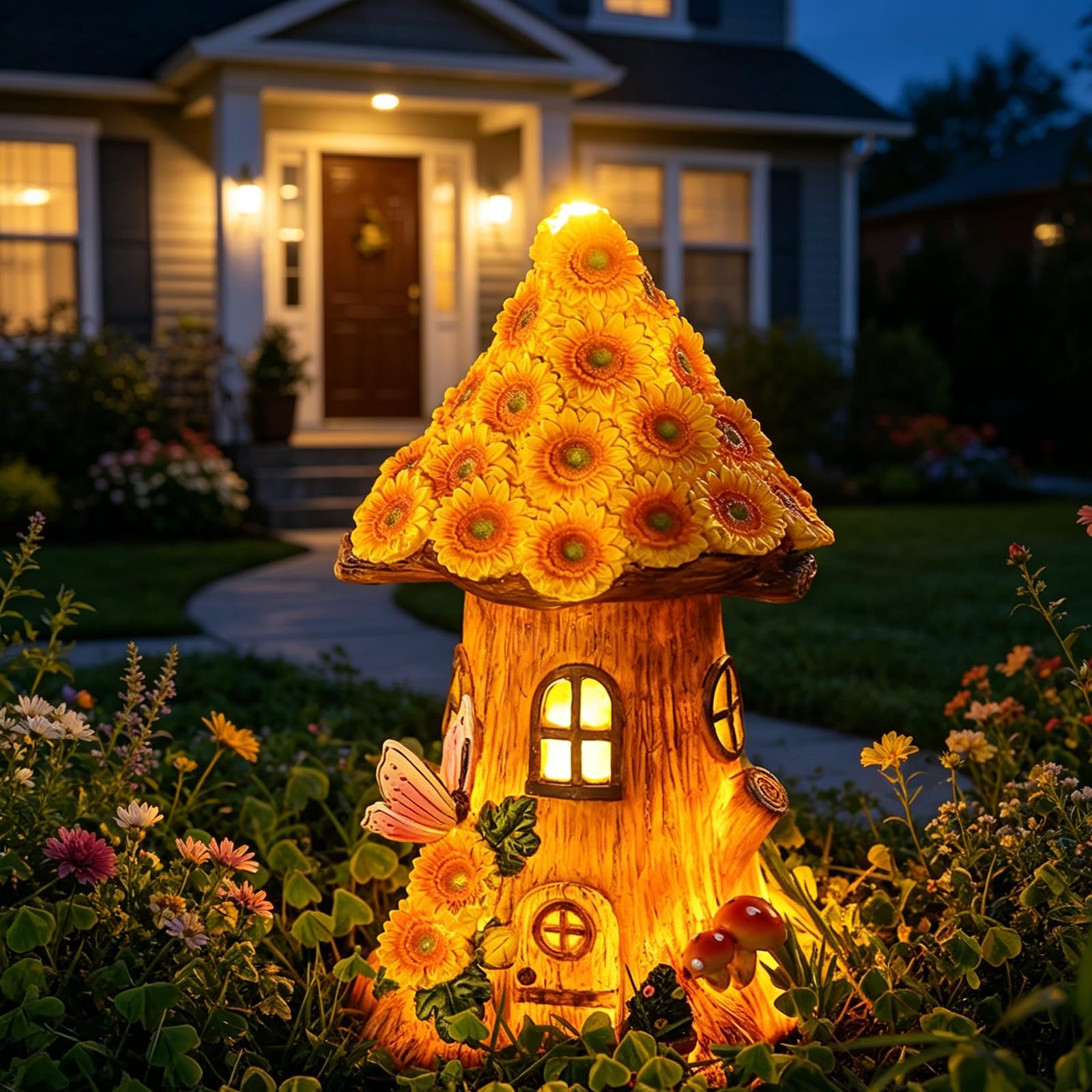 atibi Fairy Garden Ornament Outdoor,Solar Powered LED Fairy House for Garden Waterproof Resin Dwelling Ornament Night Light for Home Yard Decoration (flower-mushroom)