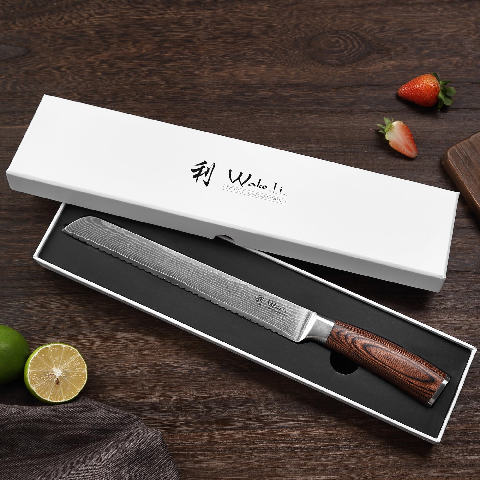 WAKOLI EDIB Couteau à Pain de Cuisine Professionnel en Damas, Dentelé 20 cm | 67 couches avec noyau VG10, manche en bois de pakka, pour baguettes, brioches et croûtes épaisses, coffret cadeau élégant