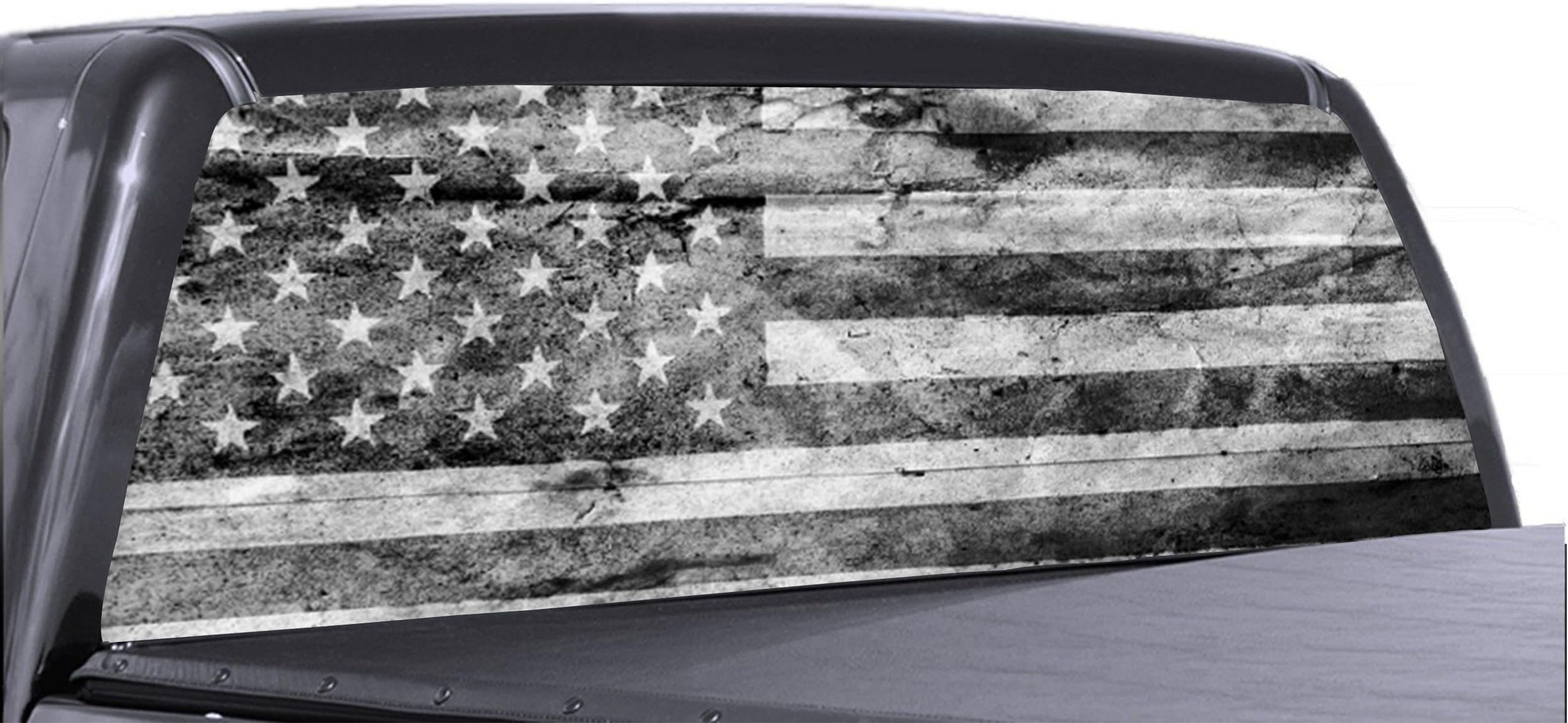 66" x 25" Black and White American Flag Distressed Truck Rear Window Tint Perforated Vinyl Graphic