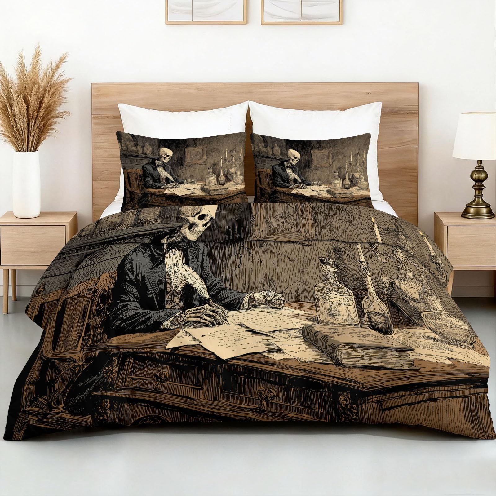 Générique Komplet pościeli z mikrofibry, 220 x 240 cm, miękka i wygodna mikrofibra, fantazyjny styl retro, czaszka i kości krzyżowe, kolor czarny, 3 sztuki, z zamkiem błyskawicznym