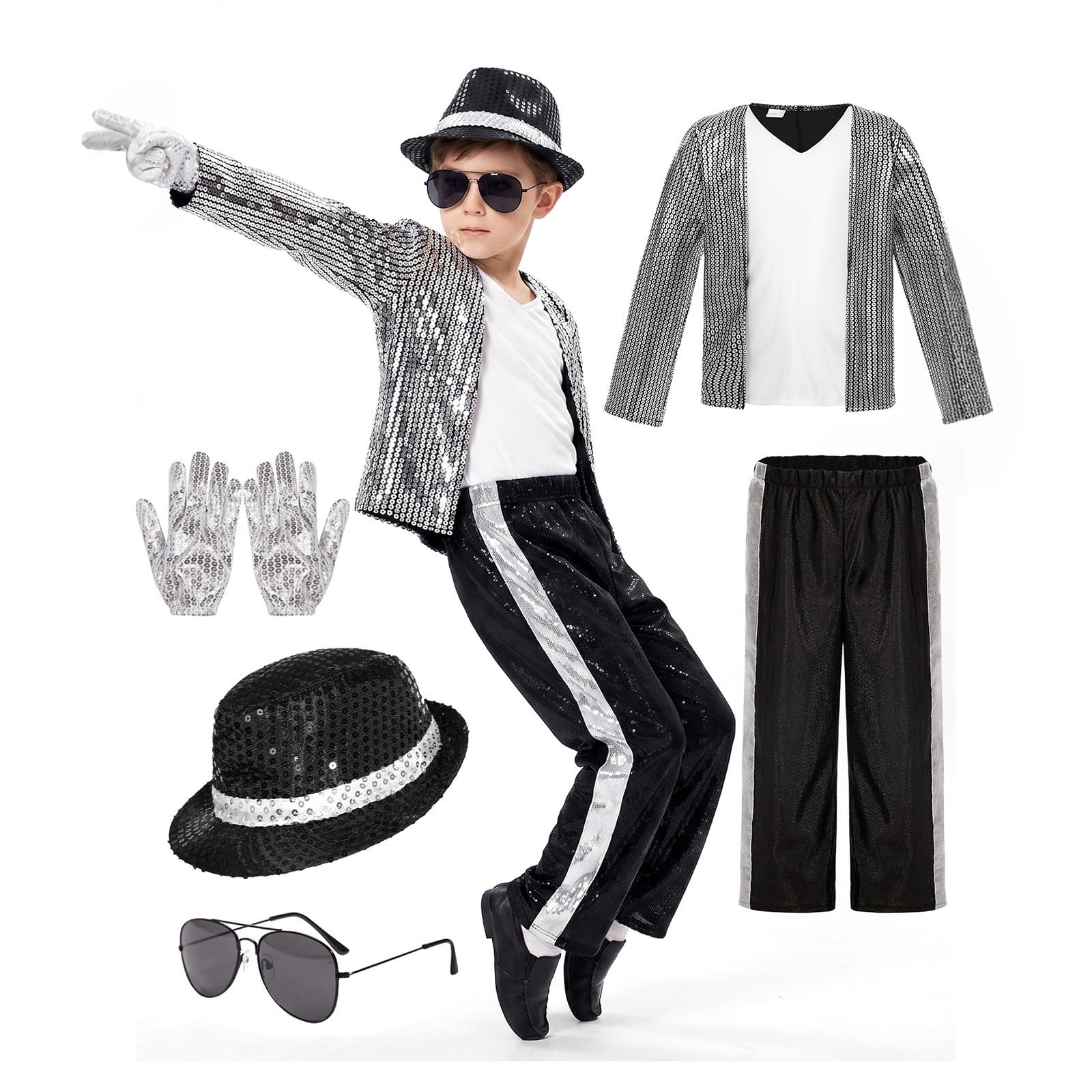 Child King of Pop Musician Costume, Halloween Costumes Men, Cosplay Outfit With Sequin Jacket Striped Pants Hat Gloves & Sunglasses Stage Performance (Silver, L)