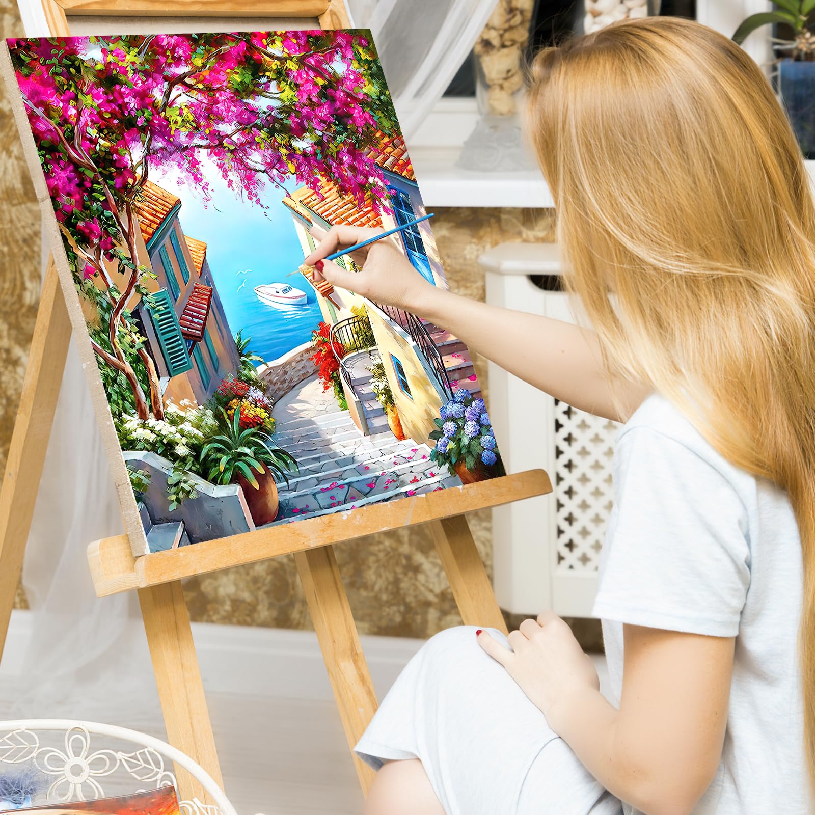 gelrovaled Dipingi con i Numeri per Adulti, Kit di Pittura acrilica Fai-da-Te per Adulti Principianti Facile su Tela, Decora la casa Regalo,con Vernici e pennelli, Flower Town 40 x 50cm