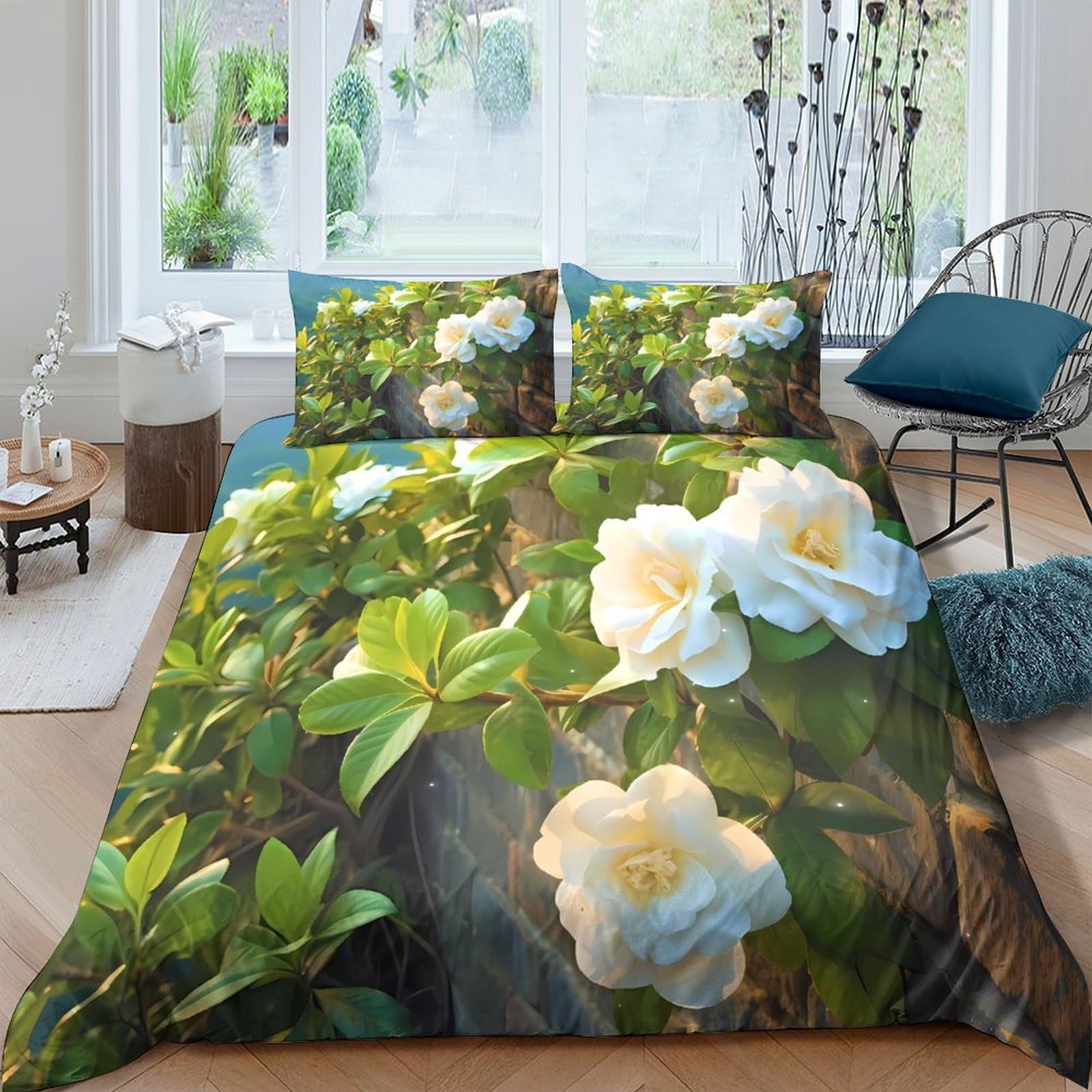 XFKLYNVCJ 3D Printed White Gardenia Bed Cover Microfiber Nature-Inspired Floral Bedding Cover Machine Washable Fade Resistant Breathable Durable Wrinkle Free for Guest Room Use Single（140x200cm）