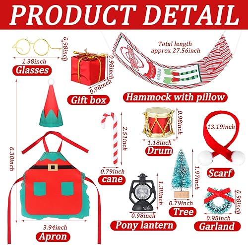 Miniatura 3 de Zhanmai Juego de 10 accesorios de muñeca elfo de Navidad, incluye vasos de caña, guirnalda, hamaca, almohada, farol, delantal, sombrero, caja de