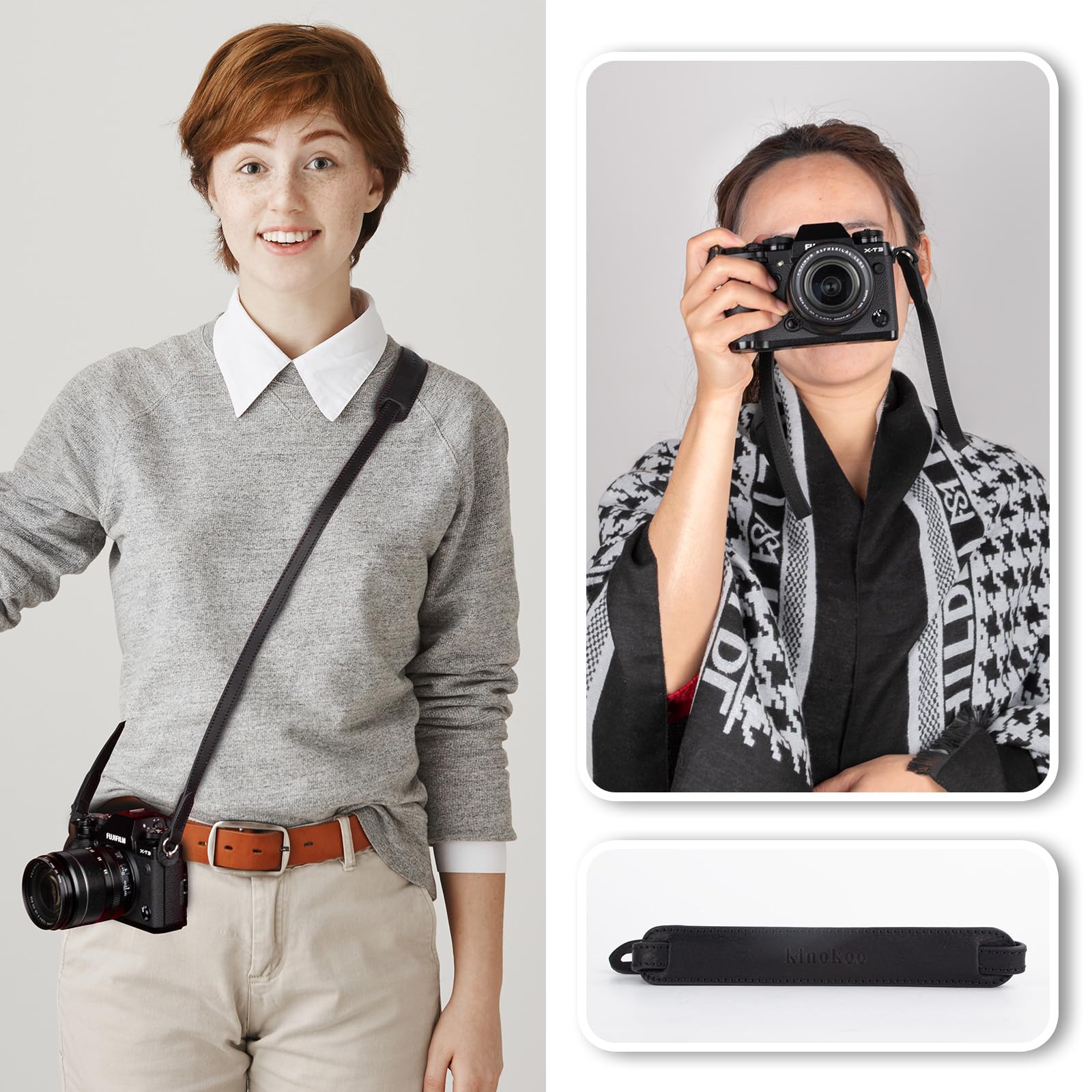 MUZIRI KIINOKOO - Tracolla per fotocamera in vera pelle, con anelli triangolari, compatibile con la maggior parte delle fotocamere con fori di collegamento rotondi, lunghezza 110 cm