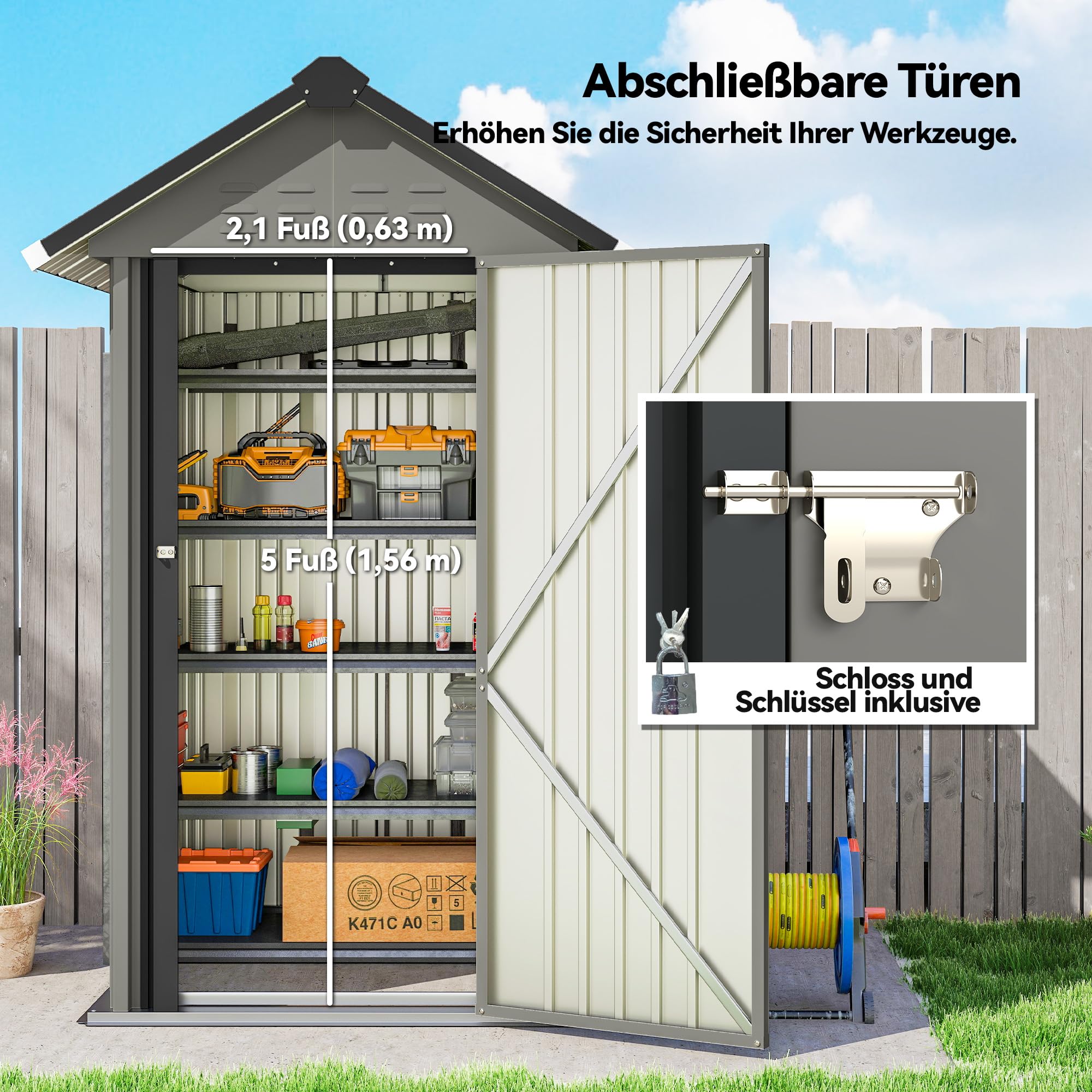 Outsunny Casetta attrezzi metallo 1,17 m² tetto a due falde 122x121x192 cm resistente intemperie grigio chiaro