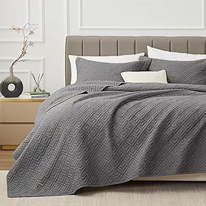 EXQ Home Quilt Set Twin Size Grey 2 Piece,Lightweight Soft Coverlet Modern Style Squares Pattern Bedspread Set for All Season(1 Quilt,1 Pillow Shams)