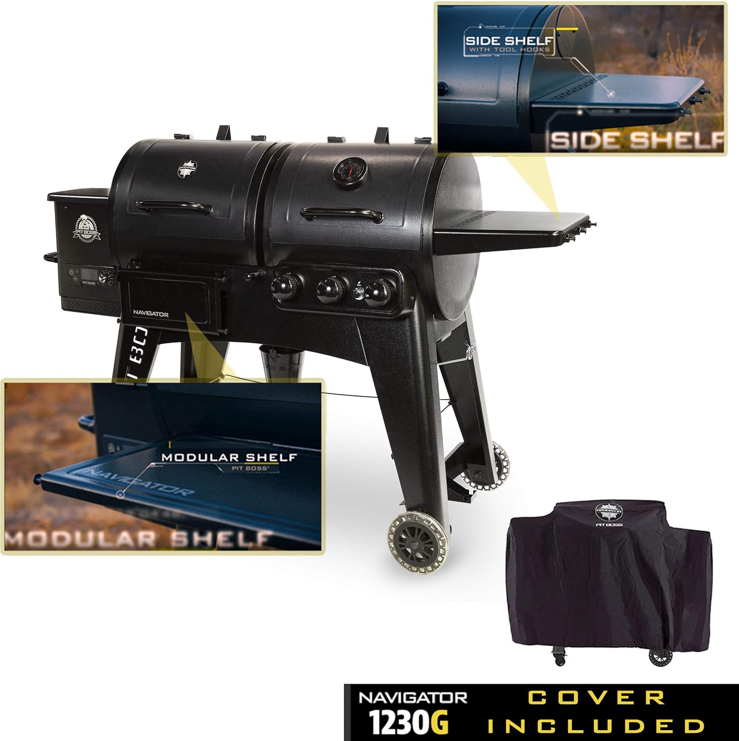 Leva stran view of the Pit Boss PB1230G showing the pellet hopper and digital control panel.