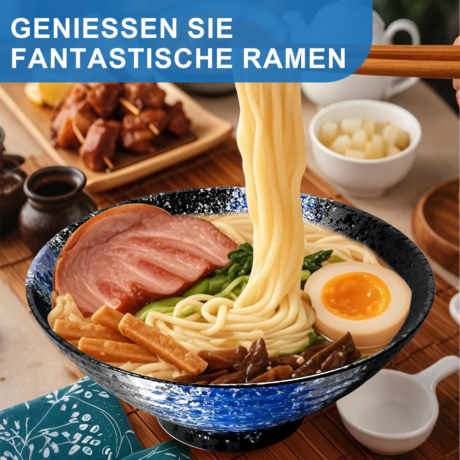 8 Zoll Ramen Schüssel Set 4 Japanisches Keramik Bowl Suppenschalen 16 Stück | Geschirr mit Stäbchen Gabeln Löffeln für Nudeln Suppen Salat Pho Müsli Mikrowelle Spülmaschinenfeste Geschenke für Mann Frau