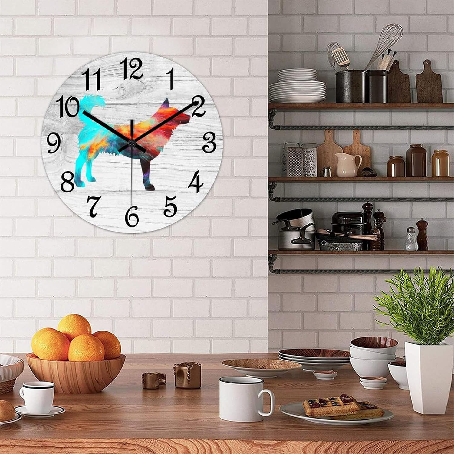 Husky Wooden Wall Clock Pet Dog Hanging Wall Clock Battery Operated Non-Ticking Sweep 12 Inch Rustic Chic Farmhouse Wall Clock for Wall Laundry
