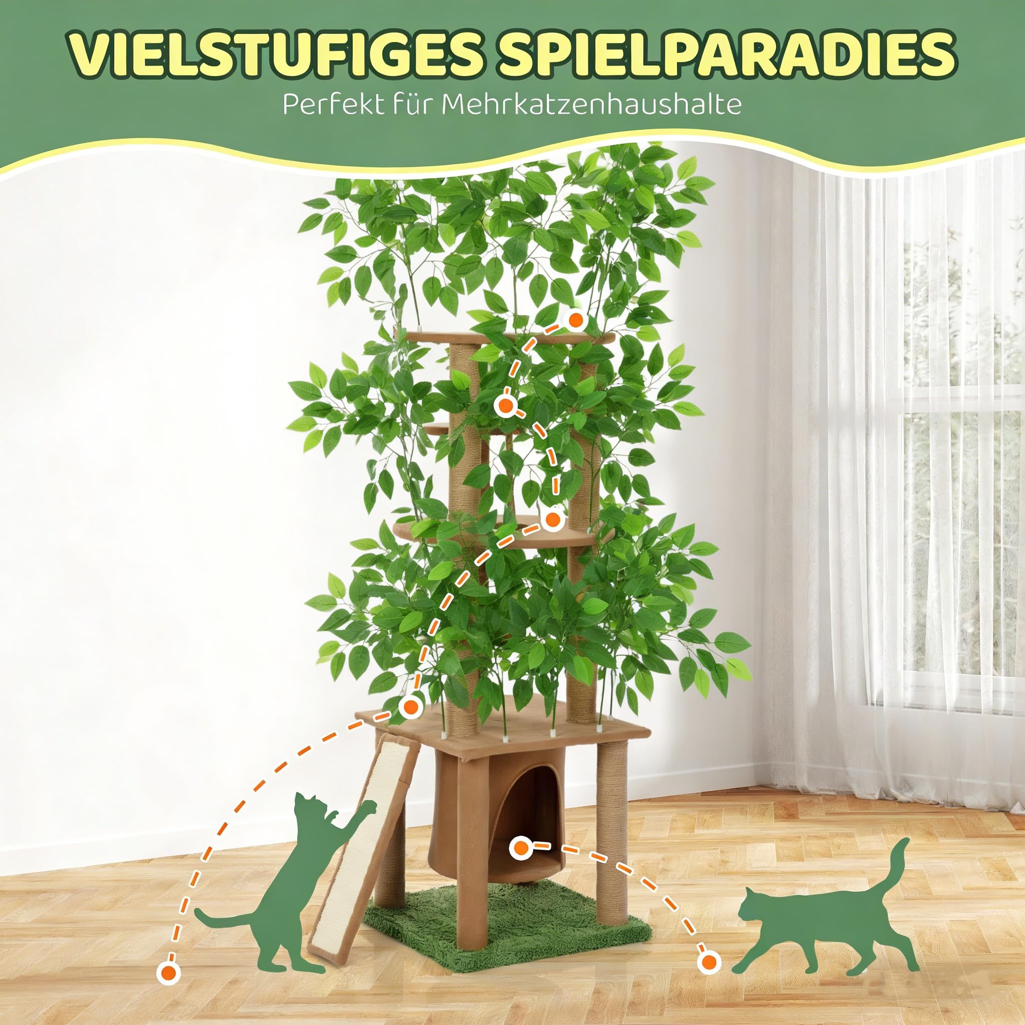 Ultra-haut arbre à chat à 5 niveaux (195 cm) - arbre à gratter en bois naturel avec plantes vertes artificielles, polyvalent pour le plaisir naturel de grimper