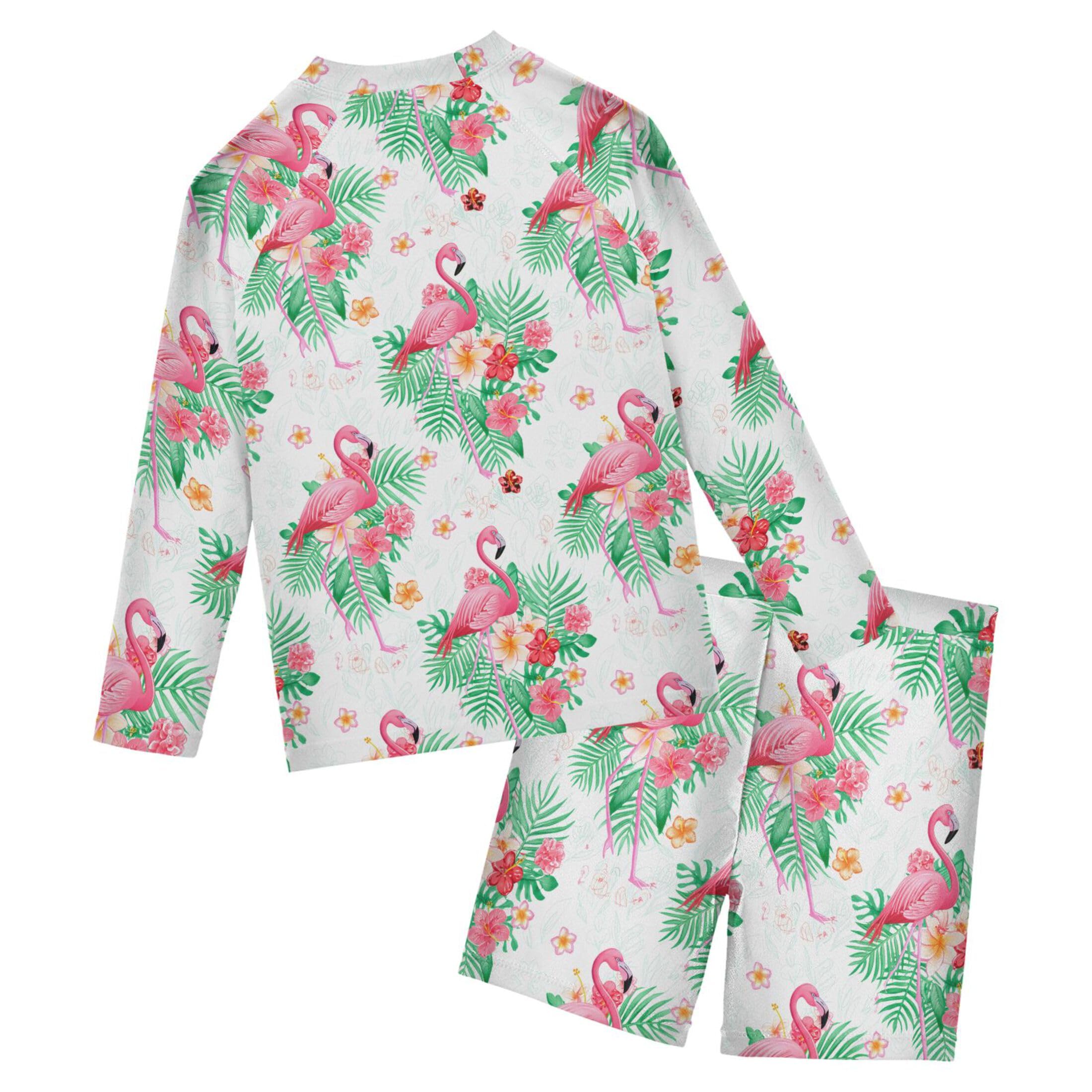 Pink Flamingo Flower Toddler and Baby Boys' 2-Piece Swimsuit Trunk, Long Sleeve Rashguard Bathing Suit B0404329