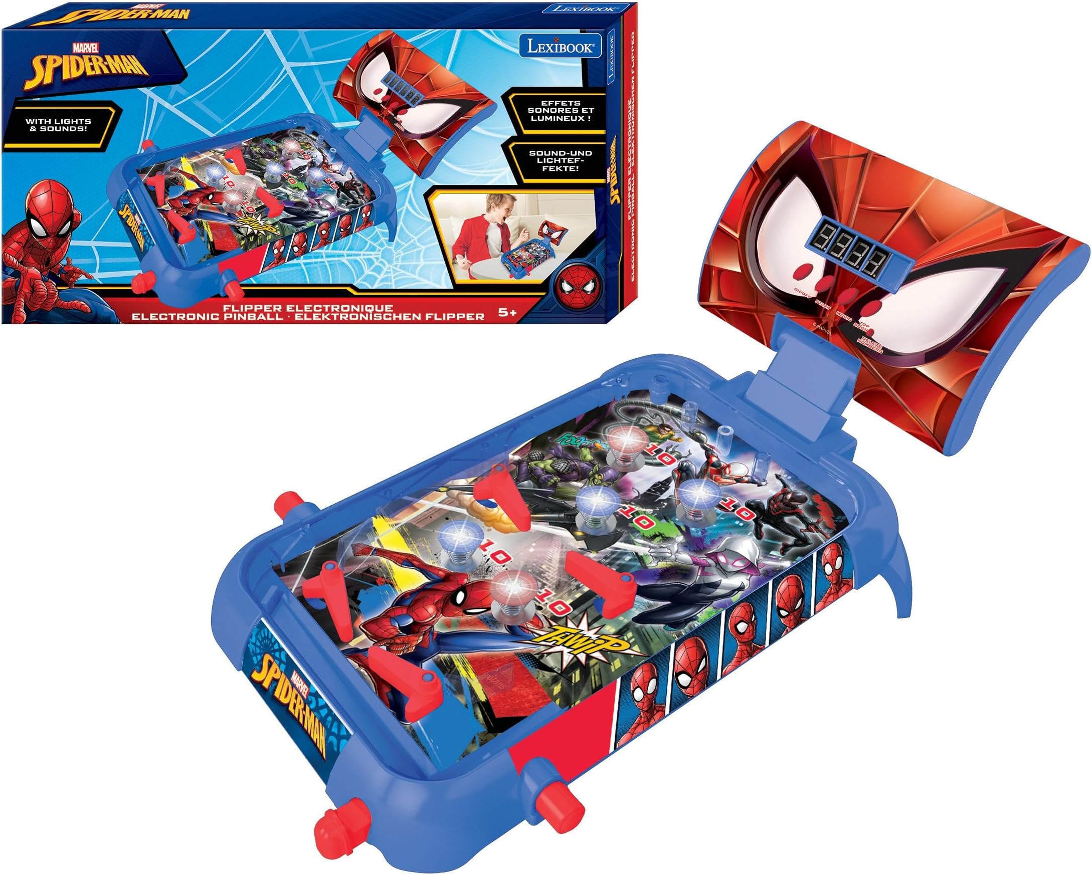 Marvel Spider-Man, Table Electronic Pinball, Action and Reflex Game for Children and familiy, LCD Screen, Light and Sound Effects, Blue/red, JG610SP