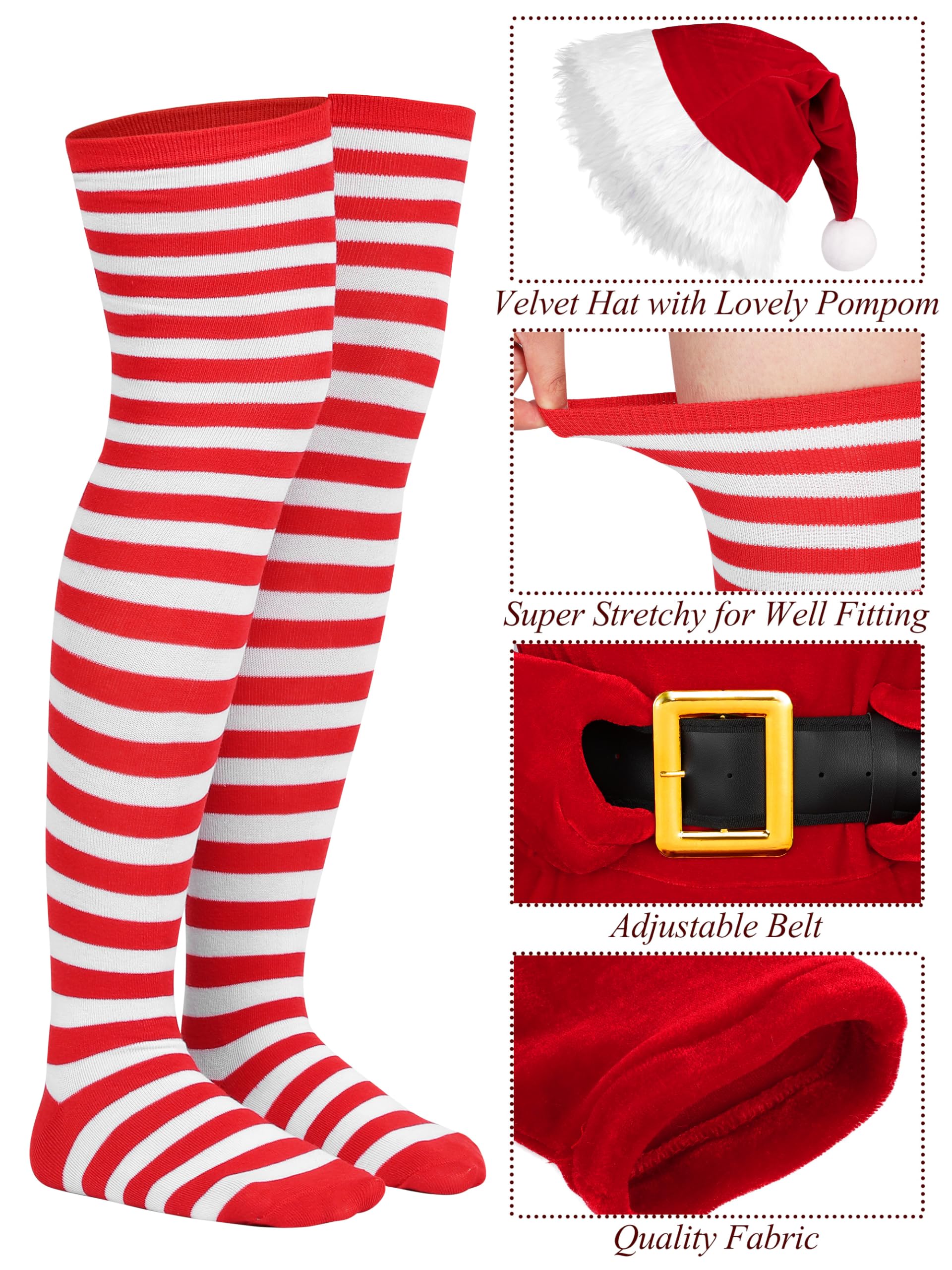 AOTHSO Lot de 5 costumes de Père Noël en velours avec ceinture, au-dessus du genou, chaussettes, chapeau, gants, Père Noël, cosplay