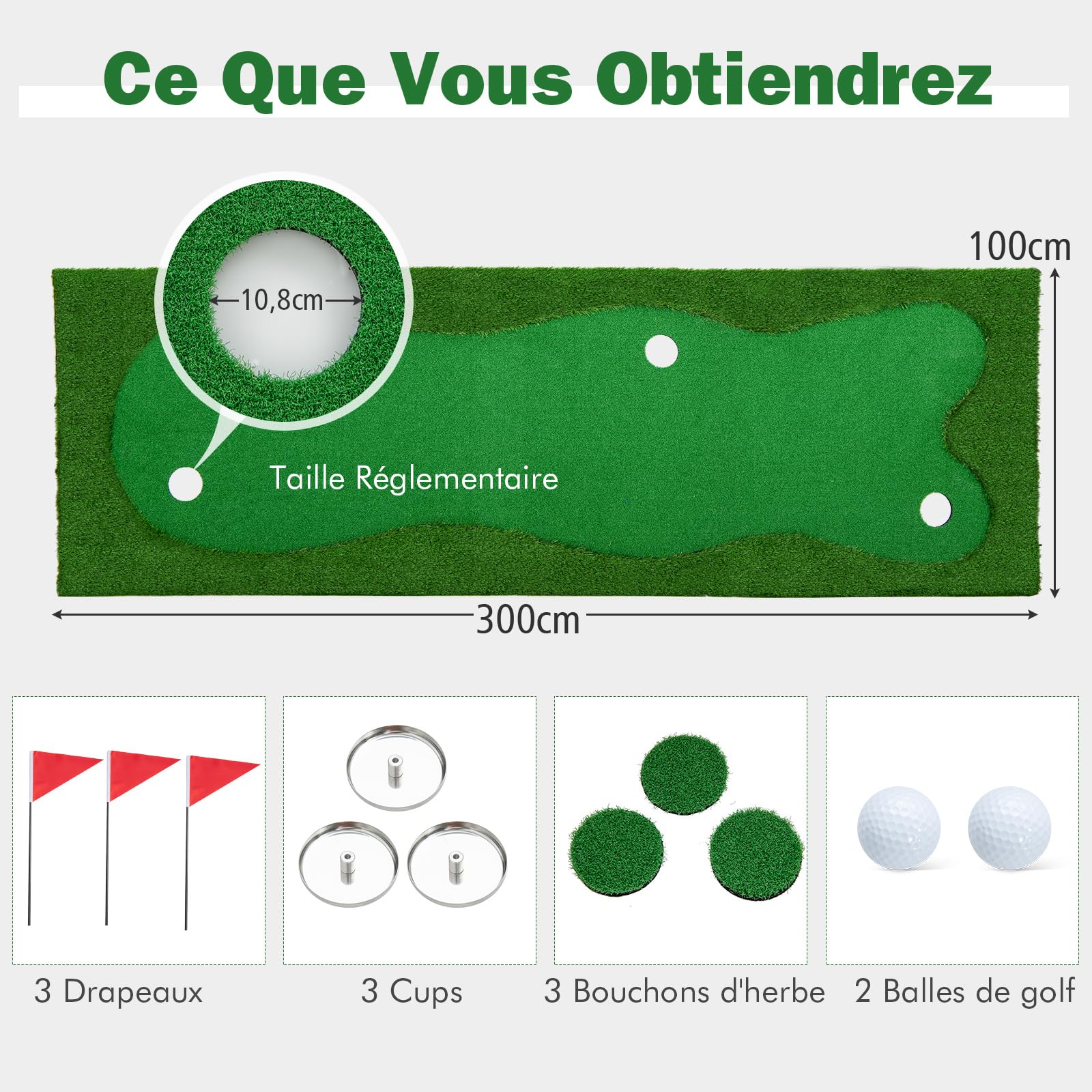 COSTWAY Tapis de Frappe de Golf 300 x 100 cm, Tapis d'Entraînement de Golf avec Pelouse Artificielle 3 Trous 3 Drapeaux Gobelets, Green de Putting de Golf pour Intérieur & Extérieur