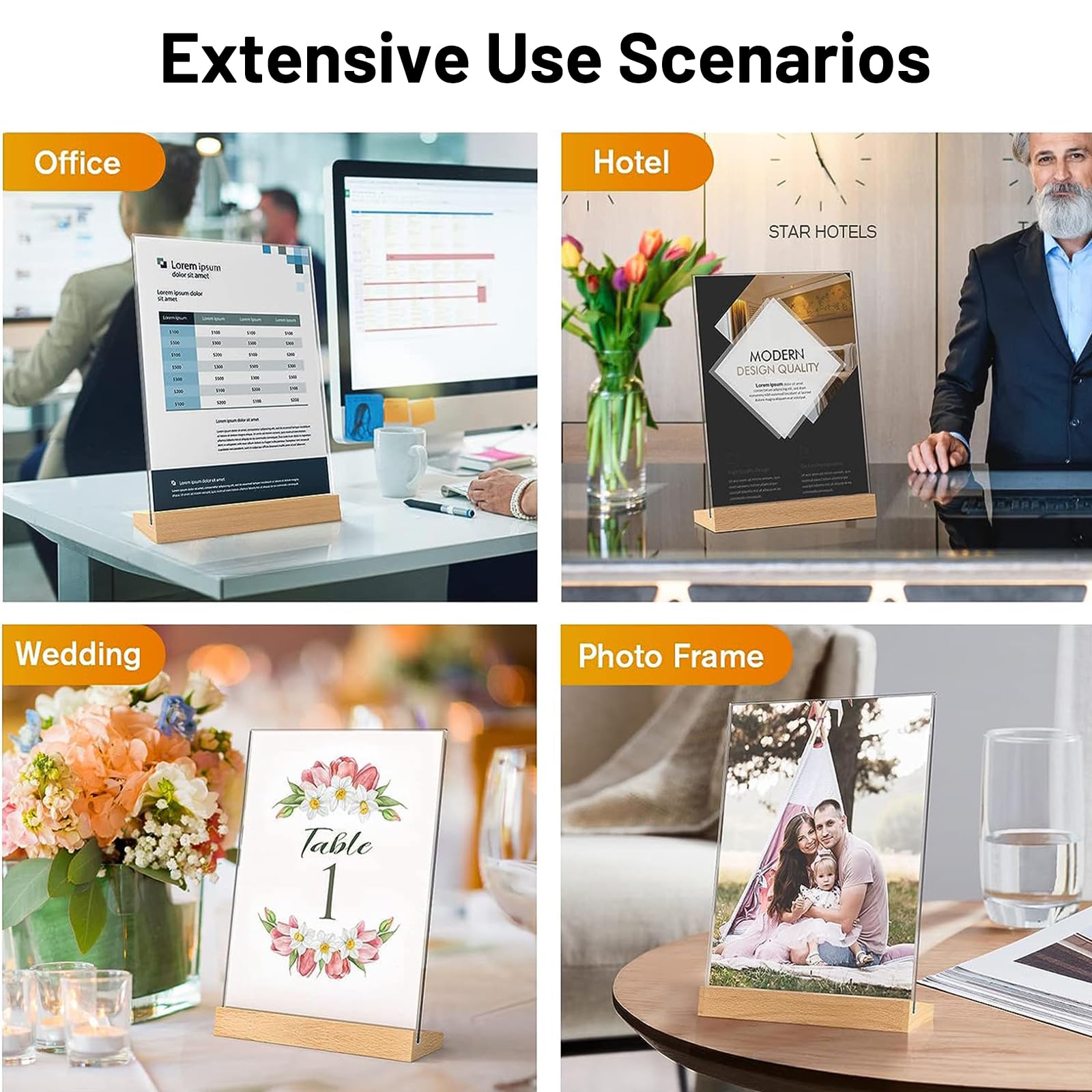SWAWIS Lot de 4 Présentoir de Table A4 Acrylique avec Base en Bois, Porte Affiche Porte Menu Pour Cafés Restaurants Hôtel