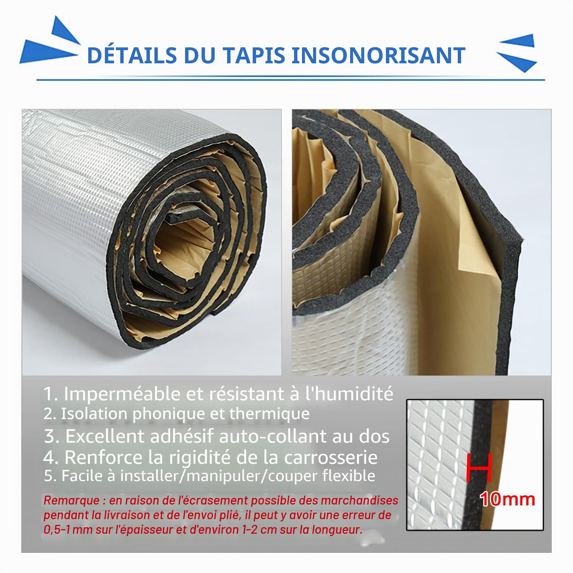 sourcing map Tapis Isolation Thermique Insonorisation 1Pc Voiture Capot | 10mm, 200x100cm, 21.5sqft, Double Laminée, Ininflammable, Facile À Couper, Pour Cloison Pare-Feu, Moteur, Boot, Passage Roue