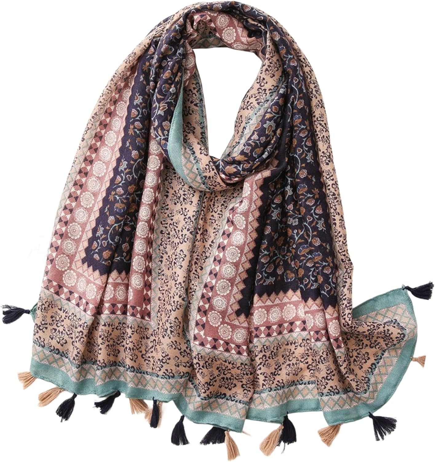 Womens Boho Scarf Lightweight Floral Printed Scarves Fall Winter Fashion Fringed Shawl
