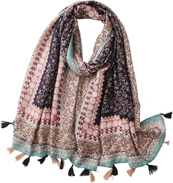 Women's Boho Floral Printed Lightweight Scarf with Fringed Shawl