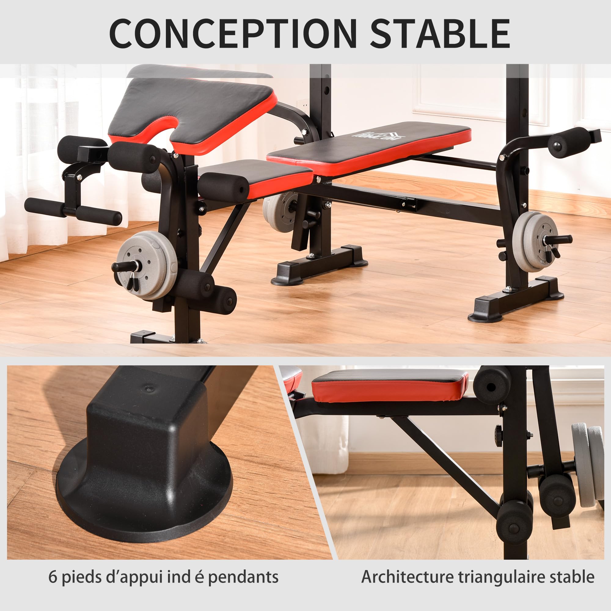 HOMCOM Banc de musculation Fitness entrainement complet avec support d'haltères dossier réglable acier 175 x 139 x 127 cm noir et rouge