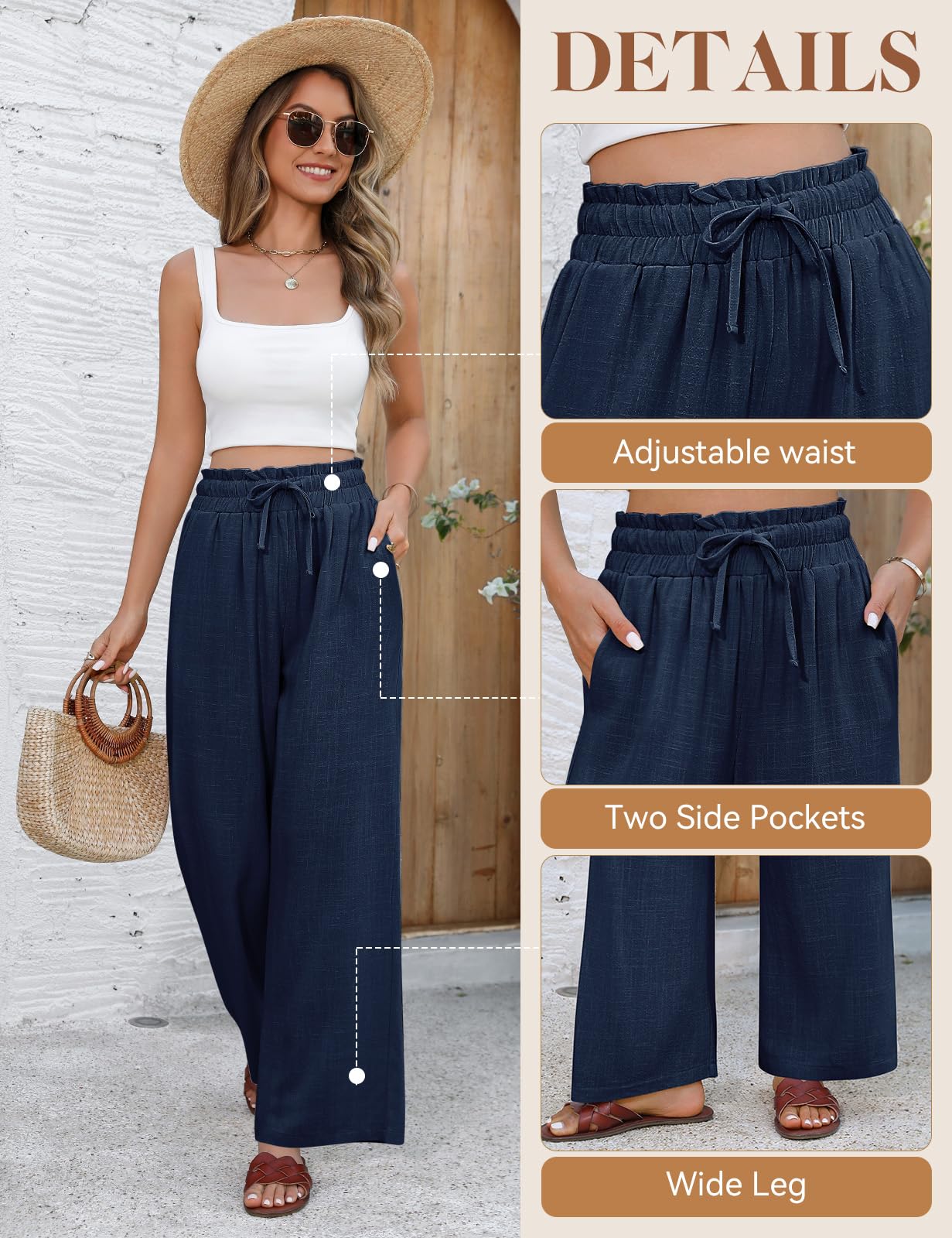 Pantalones Mujer Verano Lino Algodón Cintura Alta Elástica Anchos Casual