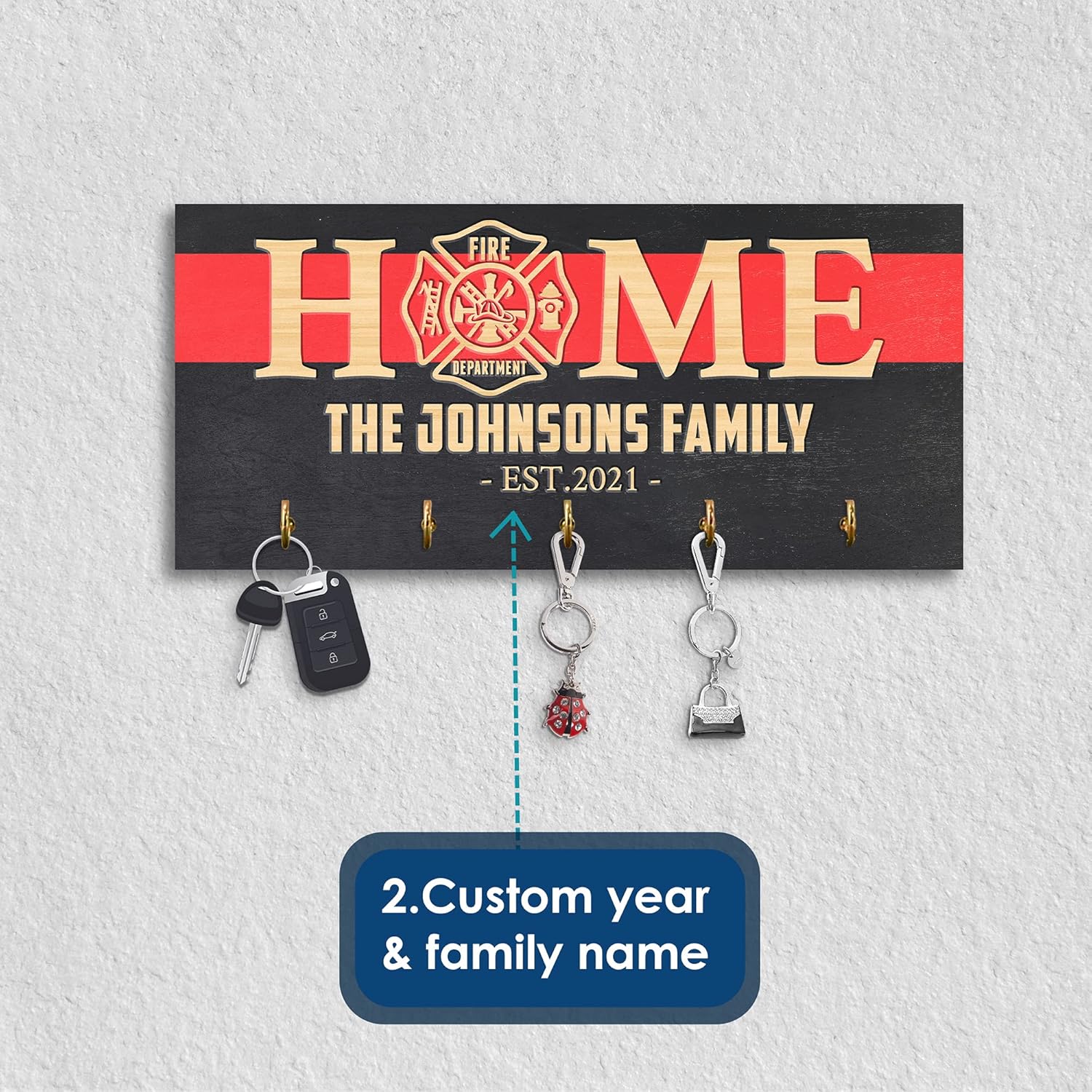 MeMate Personalized Printed Firefighter Wooden Key Hook for Home Wall Decor - Customized Family Name, Est Year Wood Keys Holder Decorative for Kitchen Housewarming and Entryway Hallway Decors