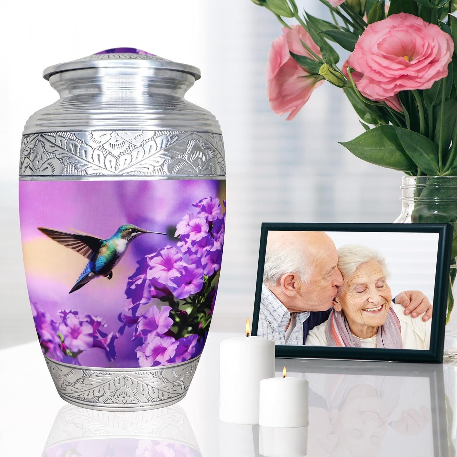 M MEILINXU Urn for Ashes for Women & Man, Cremation Urns for Human Ashes Adult Female & Male, Funeral Decorative, Engraving Urn, Purple Flower and Hummingbird - Large Full Size - Image 4