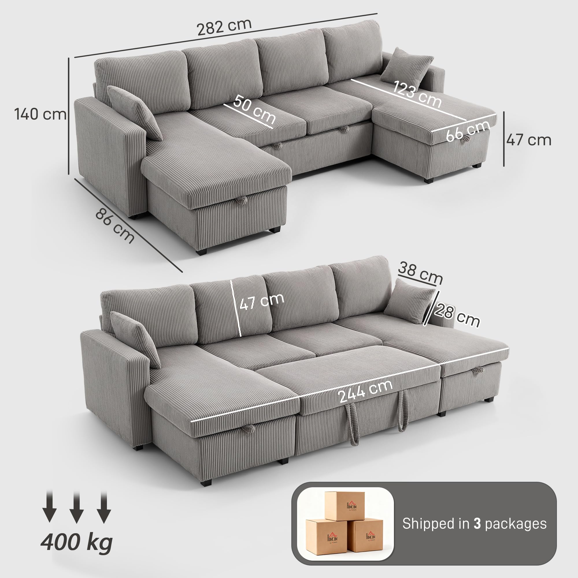HOMCOM Divano Letto con Letto Estraibile Imbottito, Divano Angolare Convertibile 4 Posti a Forma di U con 2 Chaise Longue, Vani Contenitore e 2 Cuscini, in Velluto a Coste, 282x140x86 cm, Grigio
