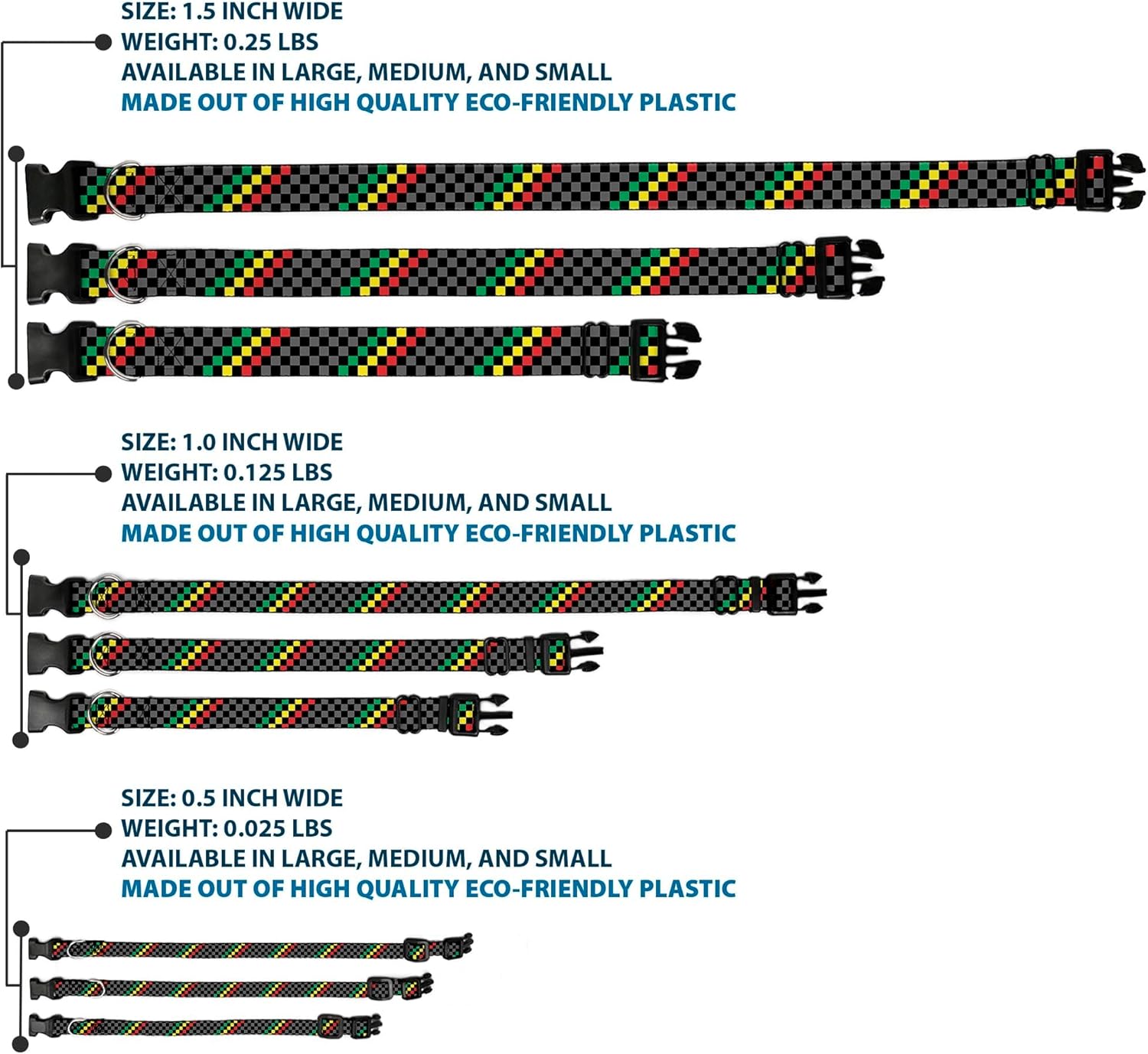 Buckle-Down Plastic Clip Collar - Checker Stripe Black/Gray/Rasta - 1.5" Wide - Fits 18-32" Neck - Large
