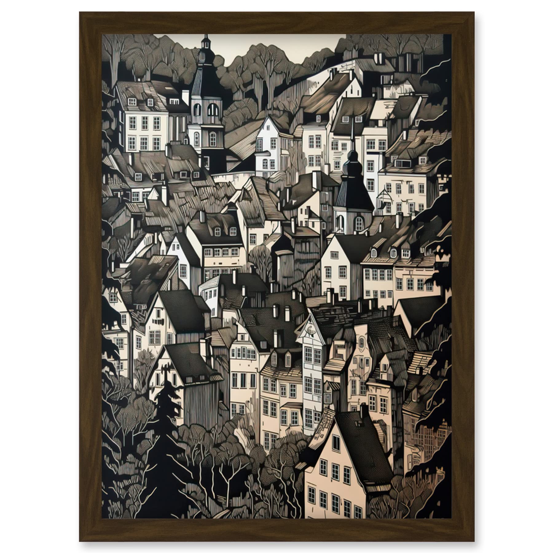Artery8 Black Forest City Baden Monochrome Cityscape Artwork Framed Wall Art Print A4