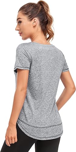 Vista 4 de Abrooical - Camisetas de entrenamiento de manga corta para mujer, cuello redondo, para deportes, yoga, correr, ajuste holgado, de secado rápido